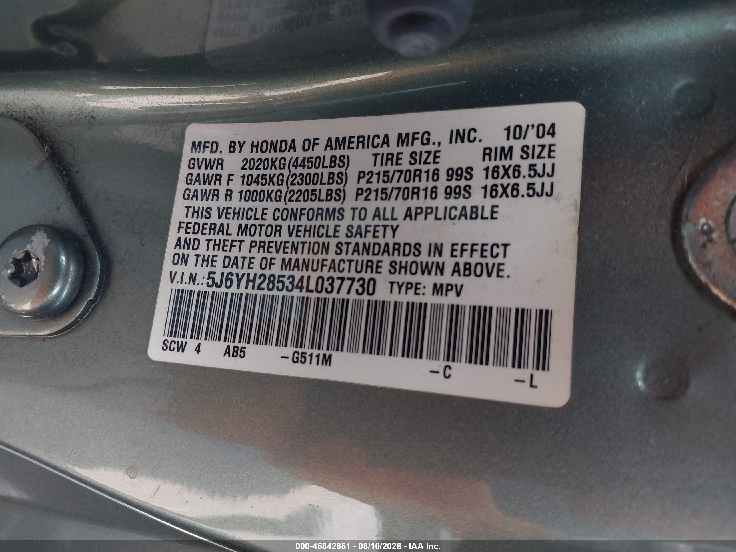 2004 Honda Element Ex Green vin: 5J6YH28534L037730
