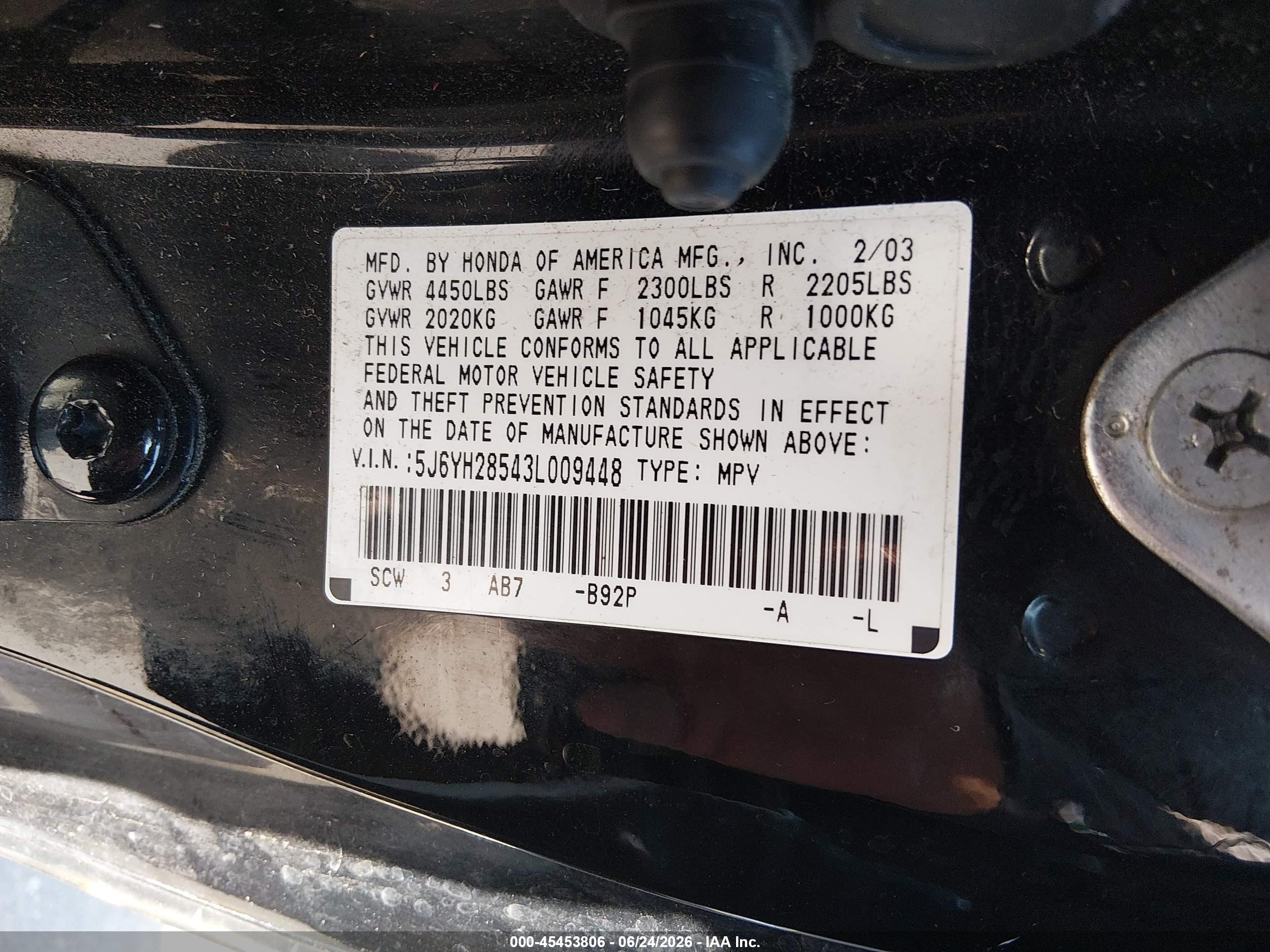 2003 Honda Element Ex Black vin: 5J6YH28543L009448