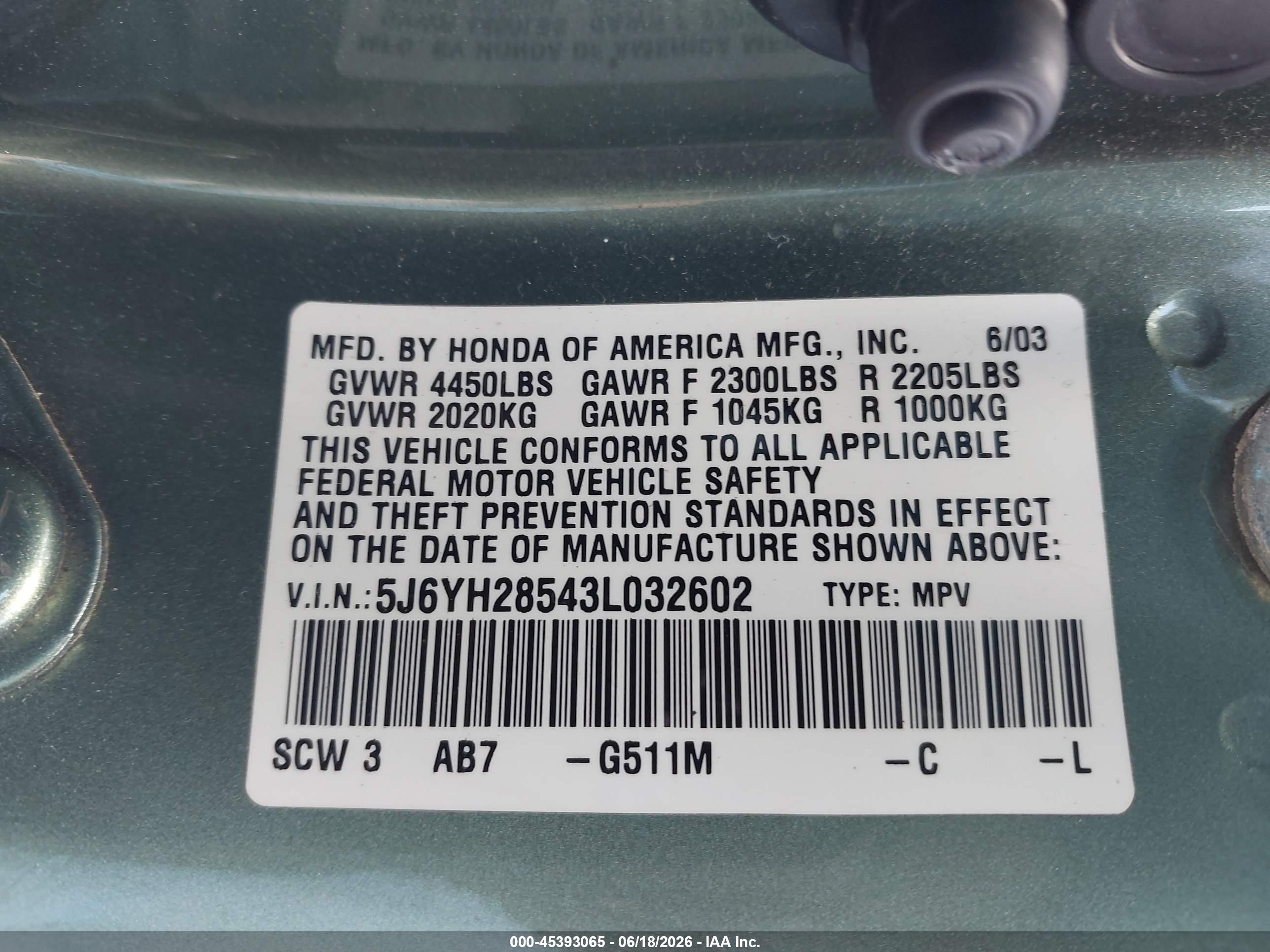 2003 Honda Element Ex Зеленый vin: 5J6YH28543L032602