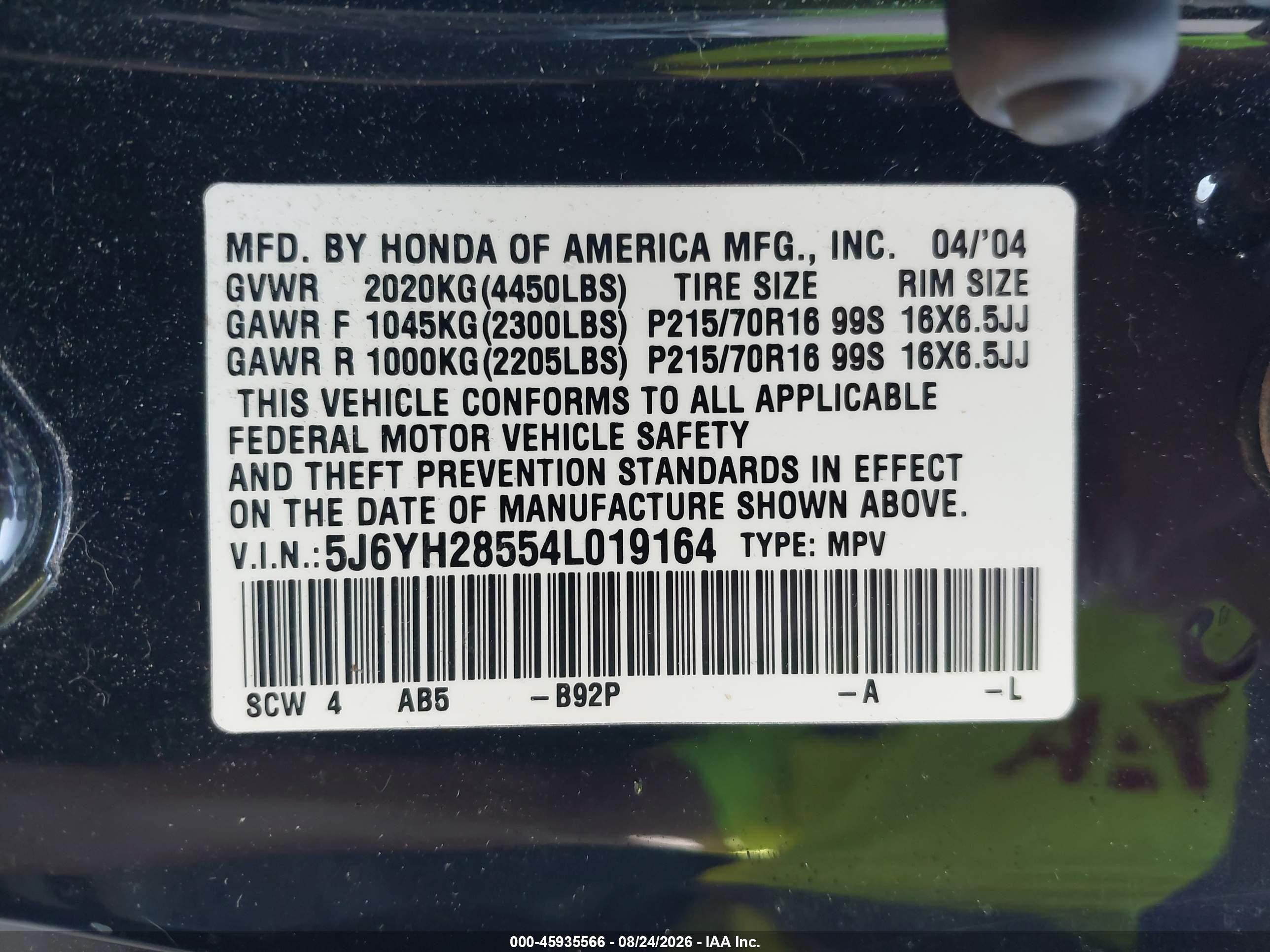 2004 Honda Element Ex Black vin: 5J6YH28554L019164