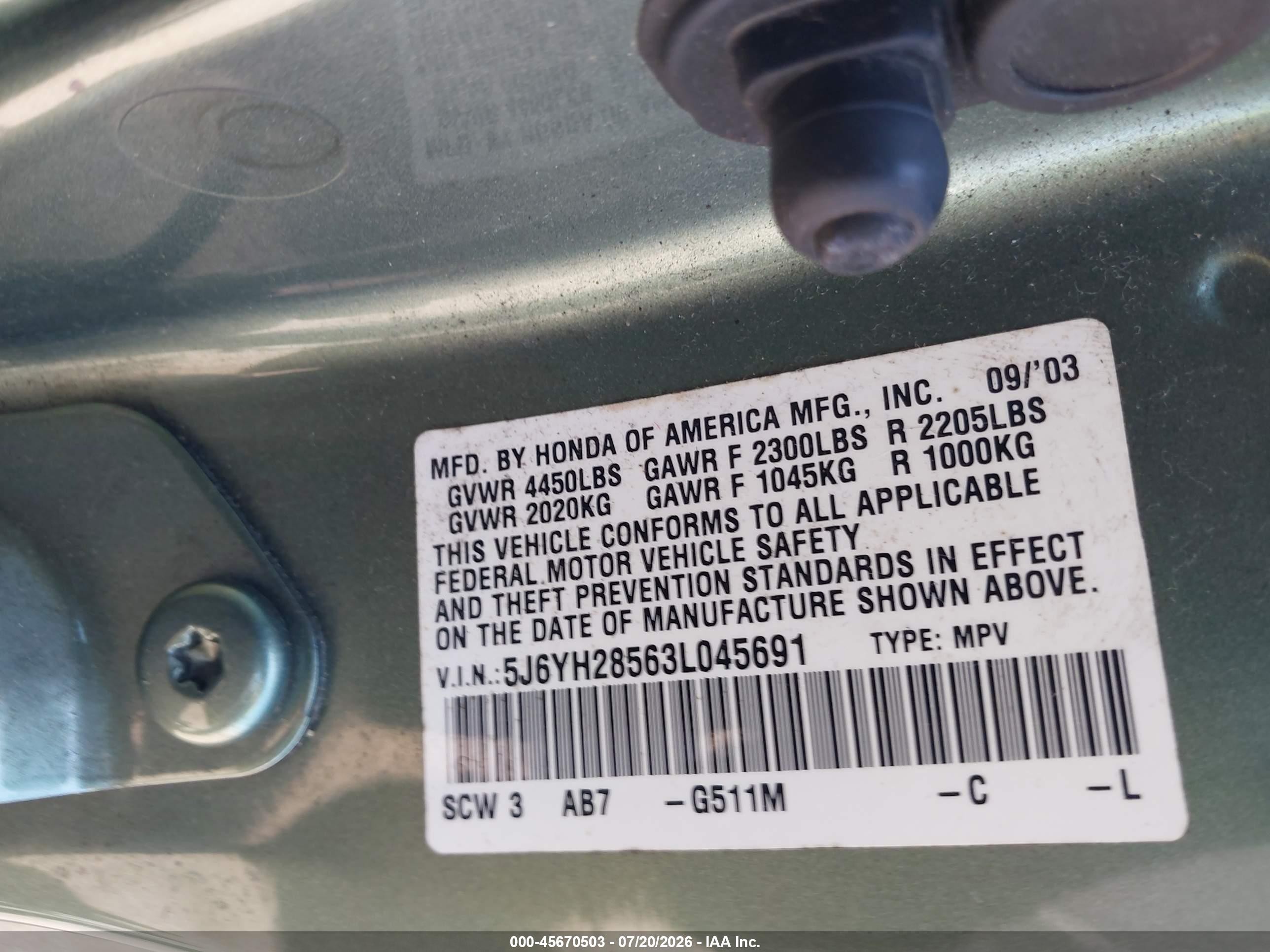 2003 Honda Element Ex Green vin: 5J6YH28563L045691