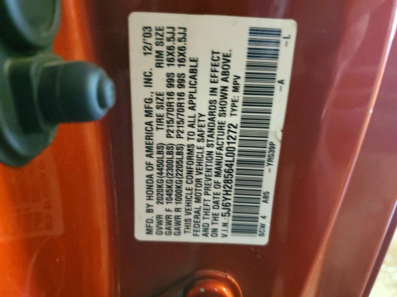 2004 Honda Element Ex Orange vin: 5J6YH28564L001272