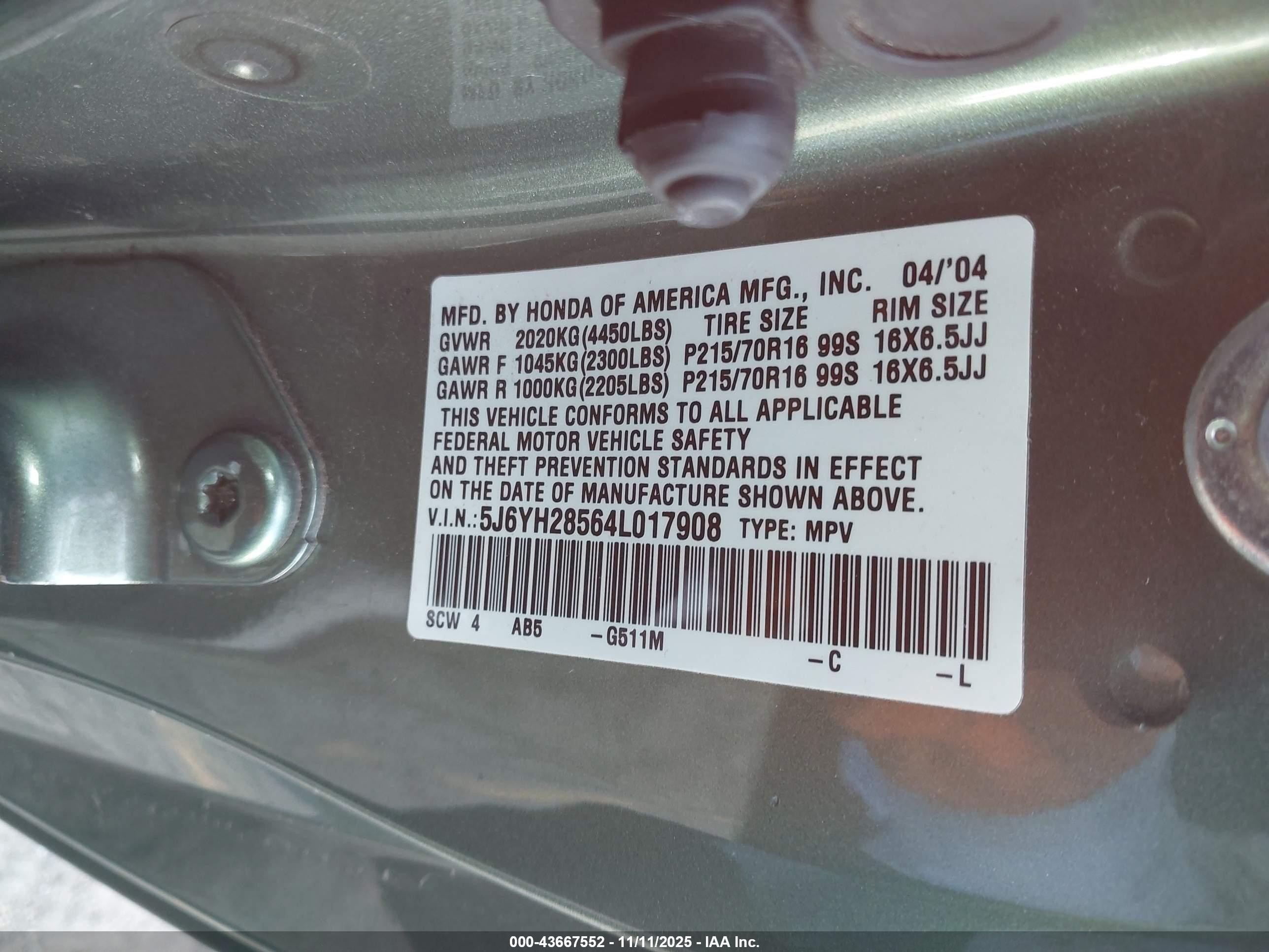 2004 Honda Element Ex Зеленый vin: 5J6YH28564L017908