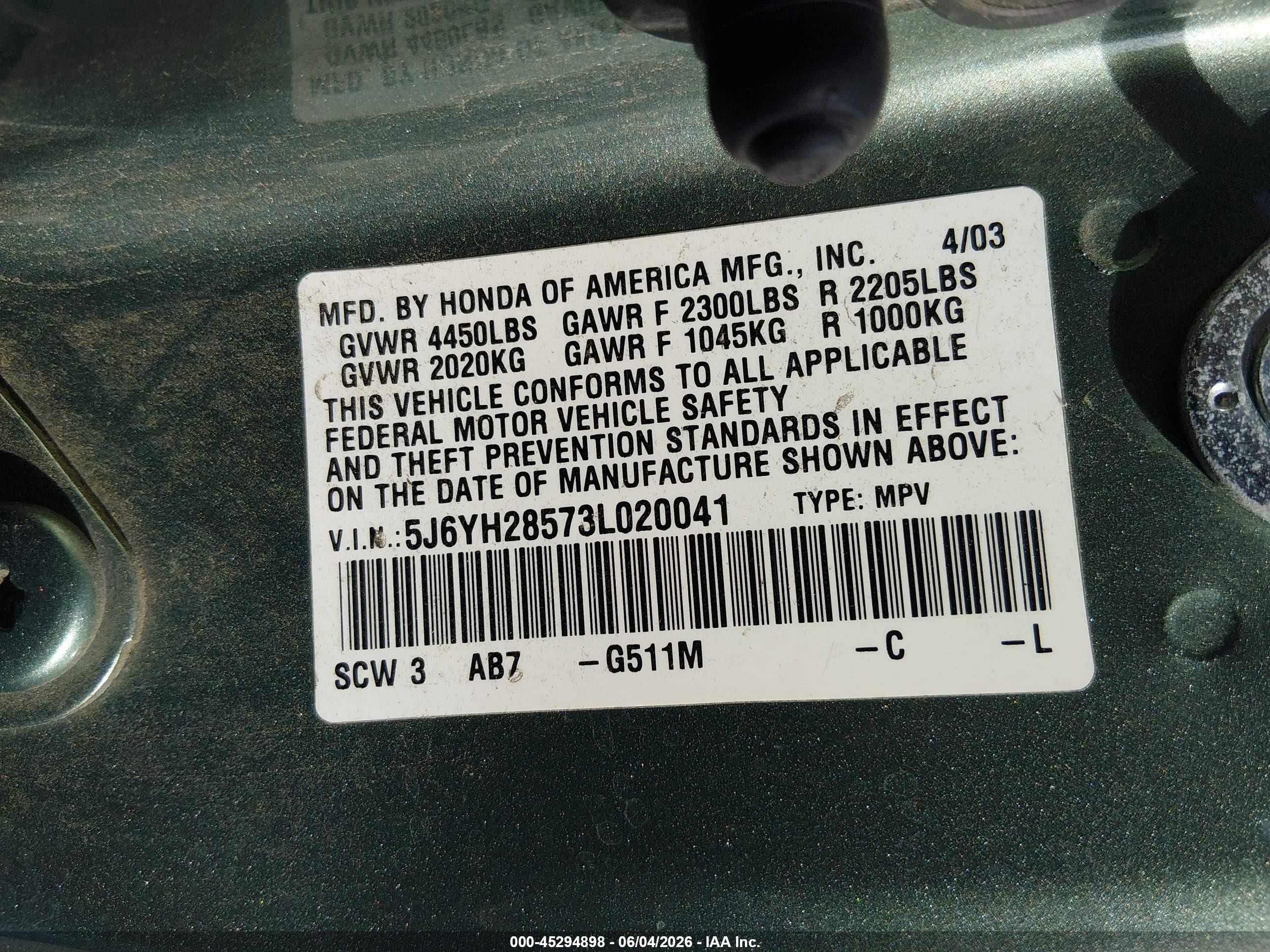 2003 Honda Element Ex Green vin: 5J6YH28573L020041