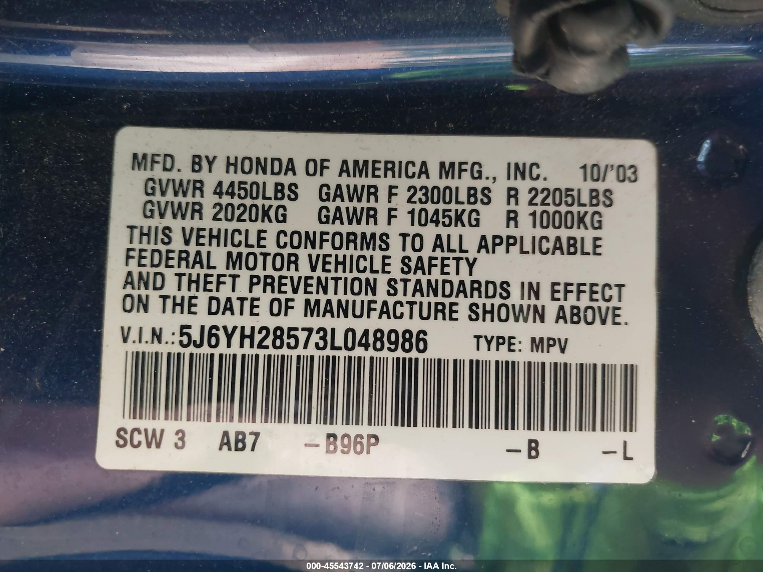 2003 Honda Element Ex Blue vin: 5J6YH28573L048986