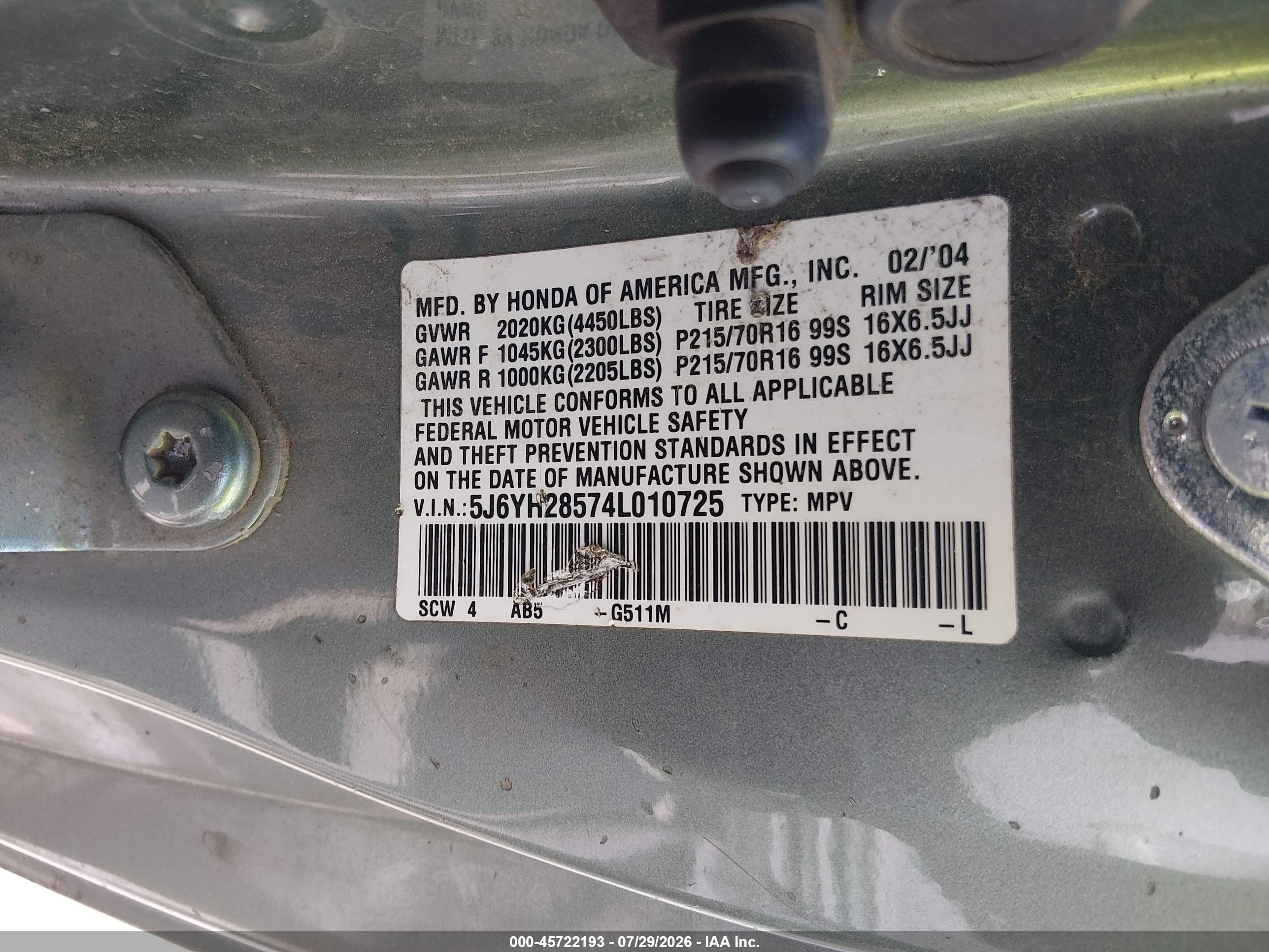 2004 Honda Element Ex Green vin: 5J6YH28574L010725