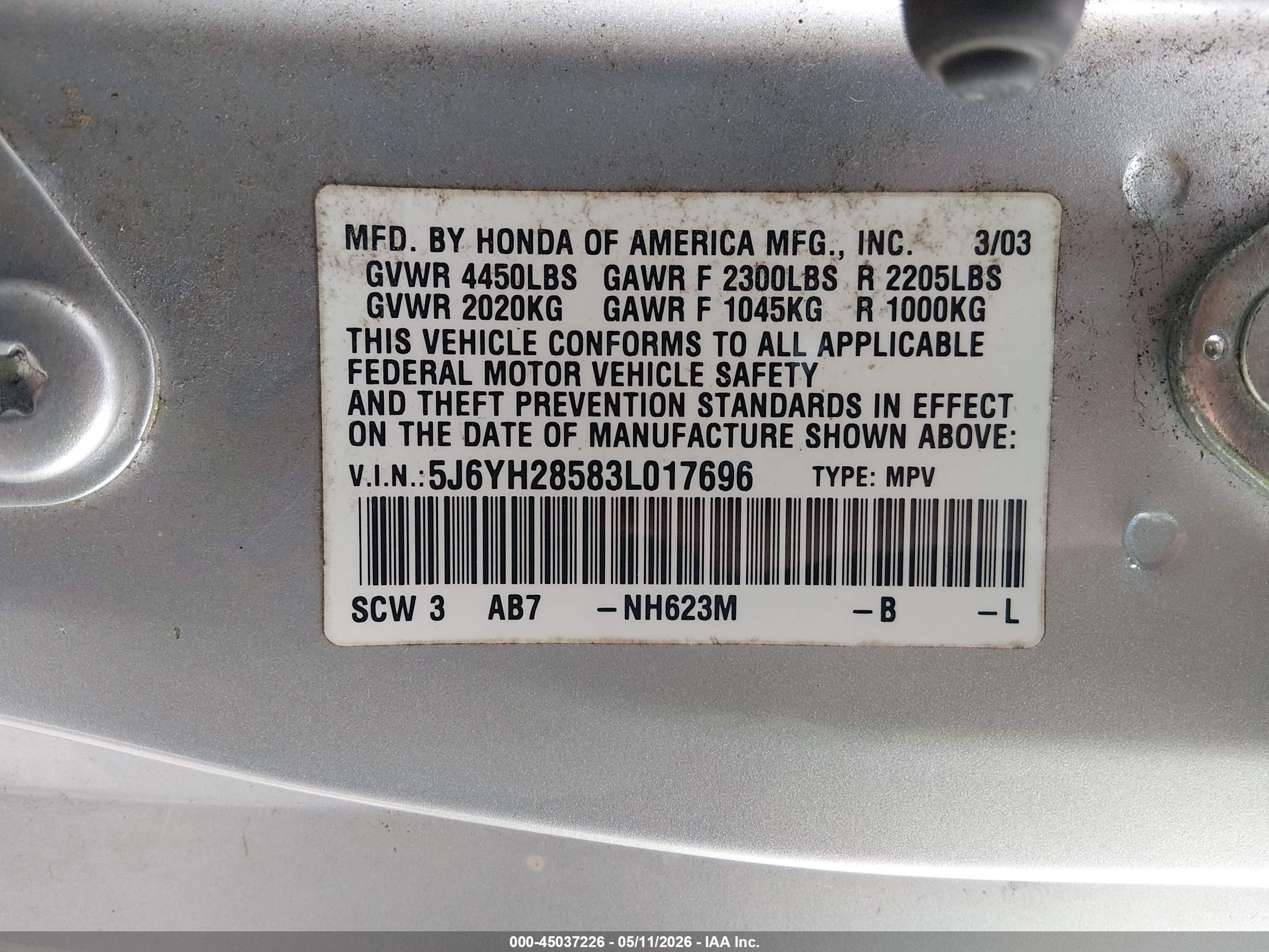 2003 Honda Element Ex Silver vin: 5J6YH28583L017696