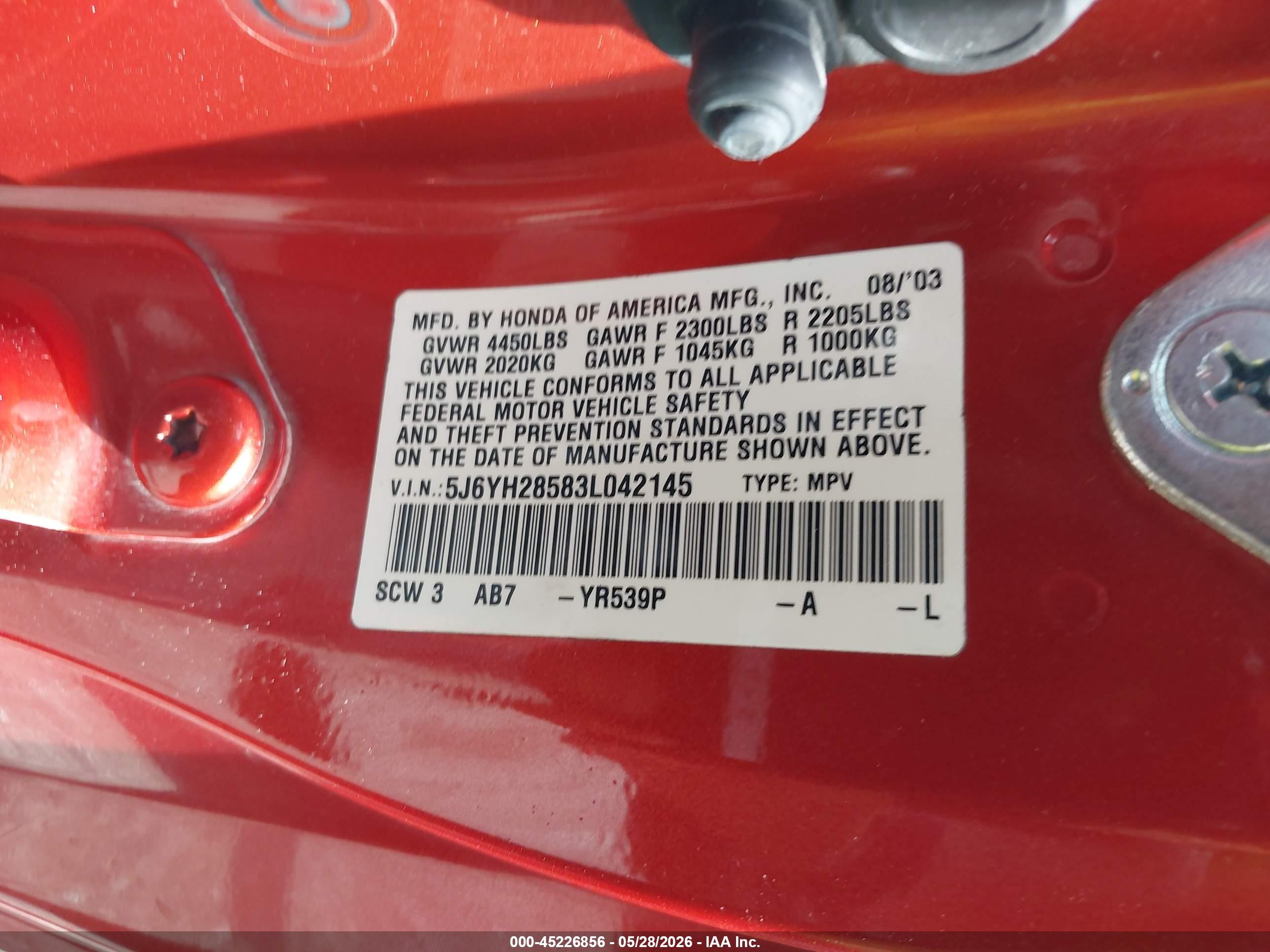 2003 Honda Element Ex Orange vin: 5J6YH28583L042145