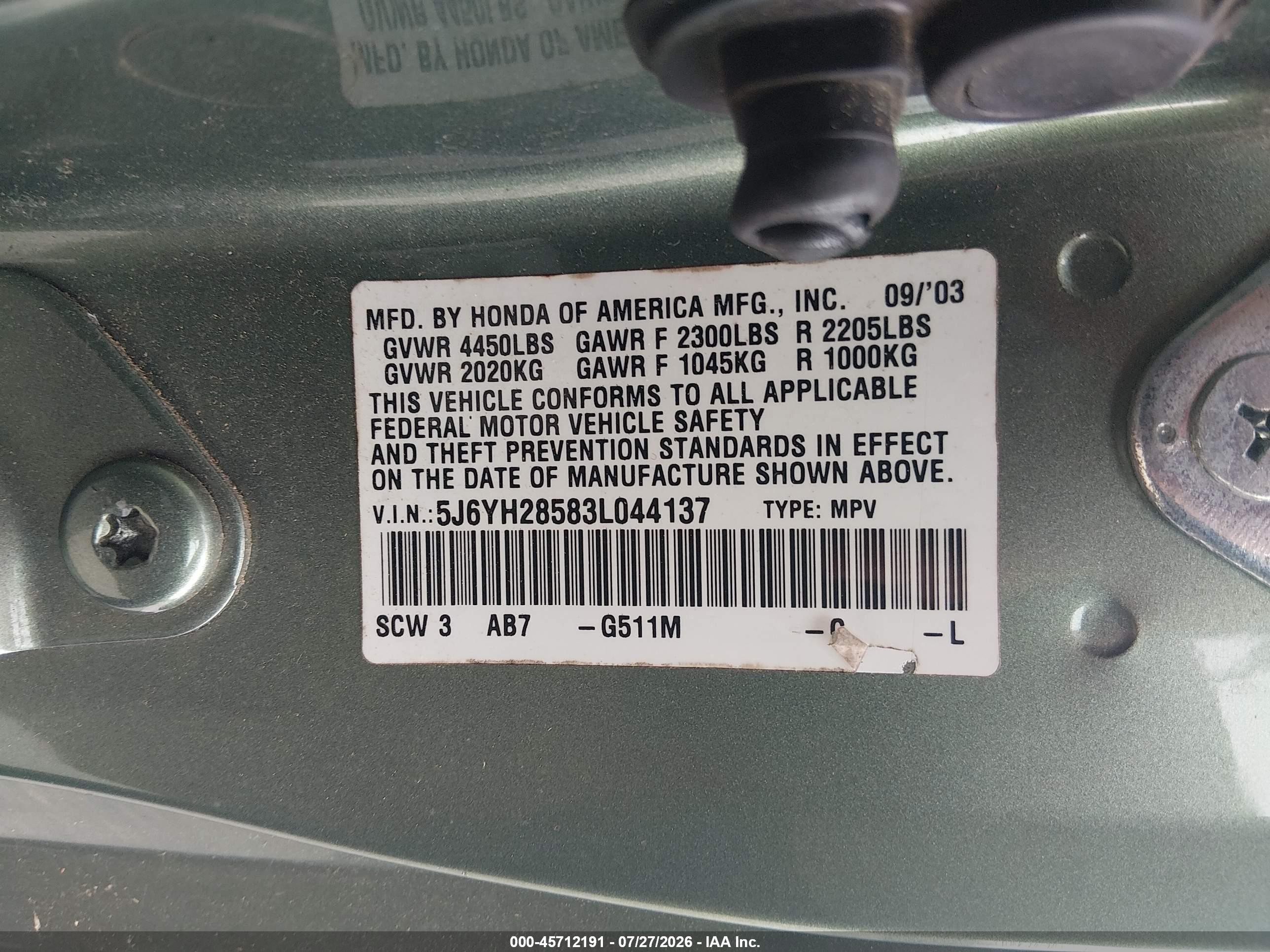 2003 Honda Element Ex Green vin: 5J6YH28583L044137