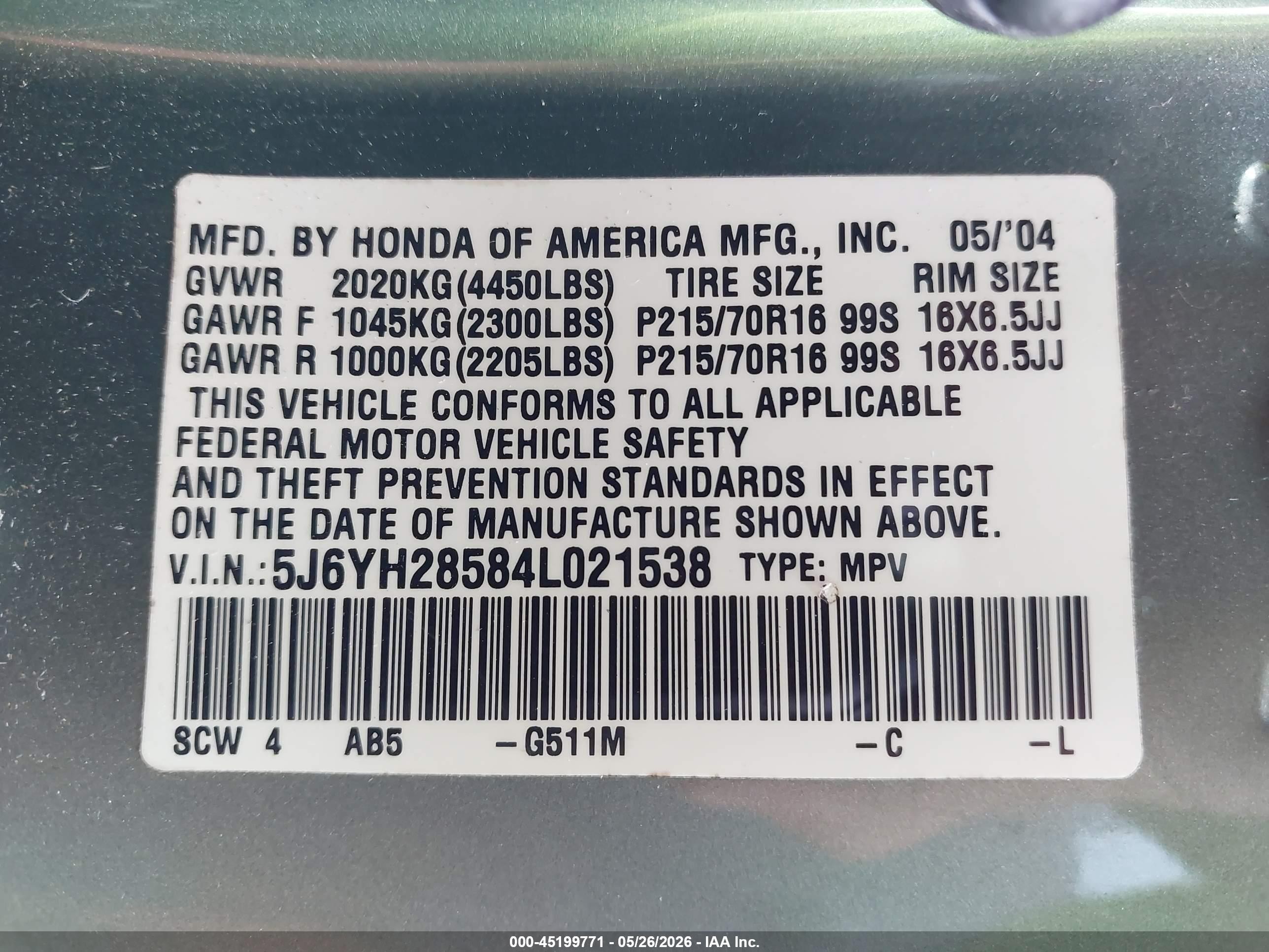 2004 Honda Element Ex Green vin: 5J6YH28584L021538