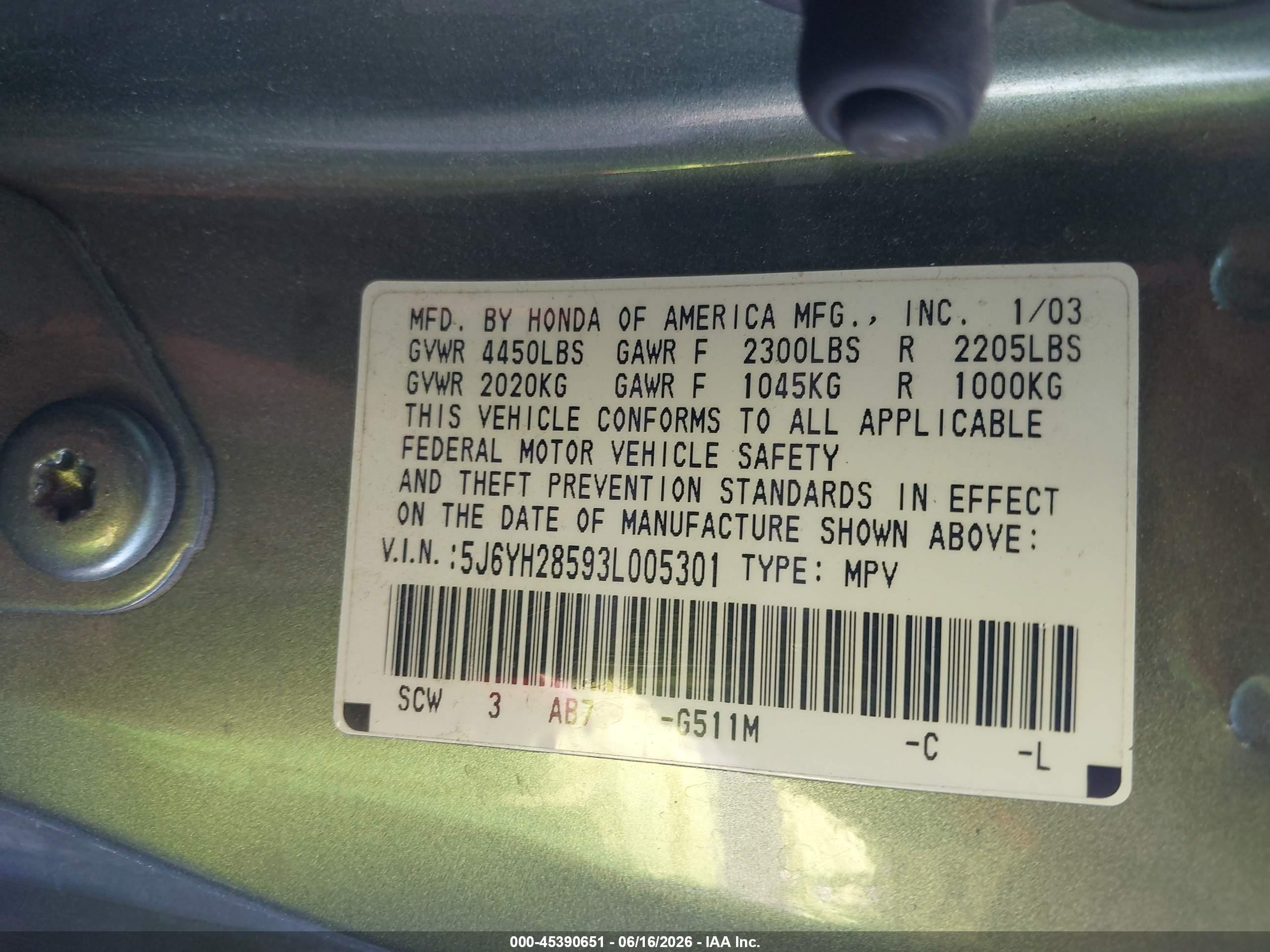 2003 Honda Element Ex Green vin: 5J6YH28593L005301