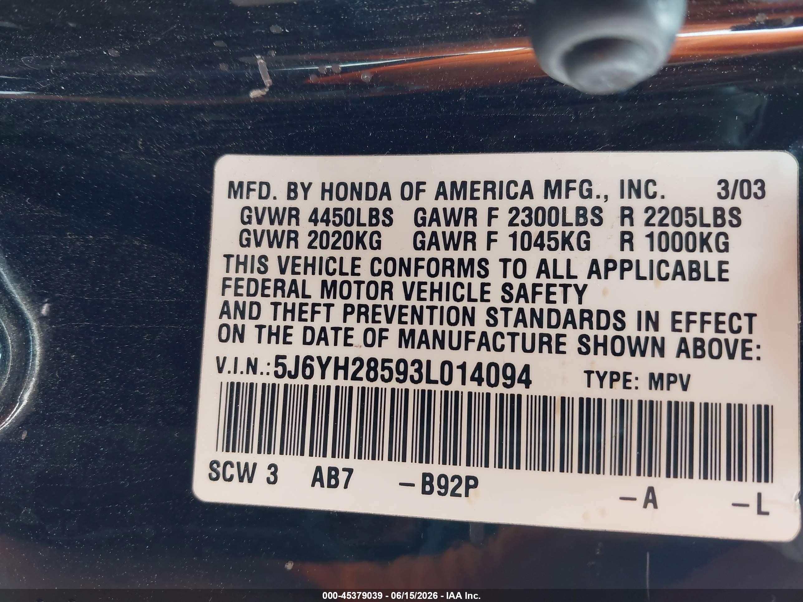 2003 Honda Element Ex Gray vin: 5J6YH28593L014094