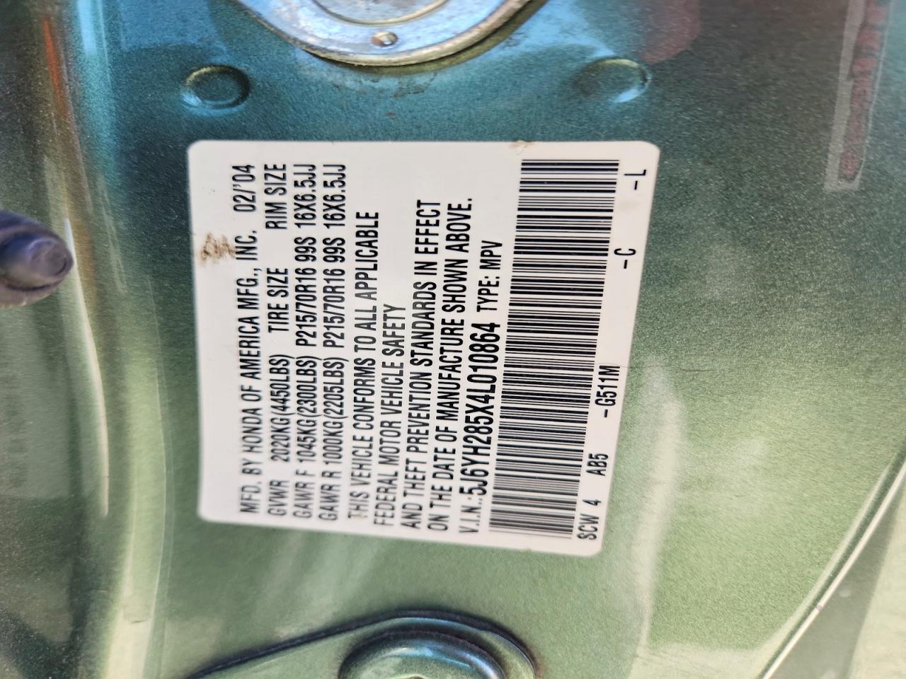 2004 Honda Element Ex Green vin: 5J6YH285X4L010864