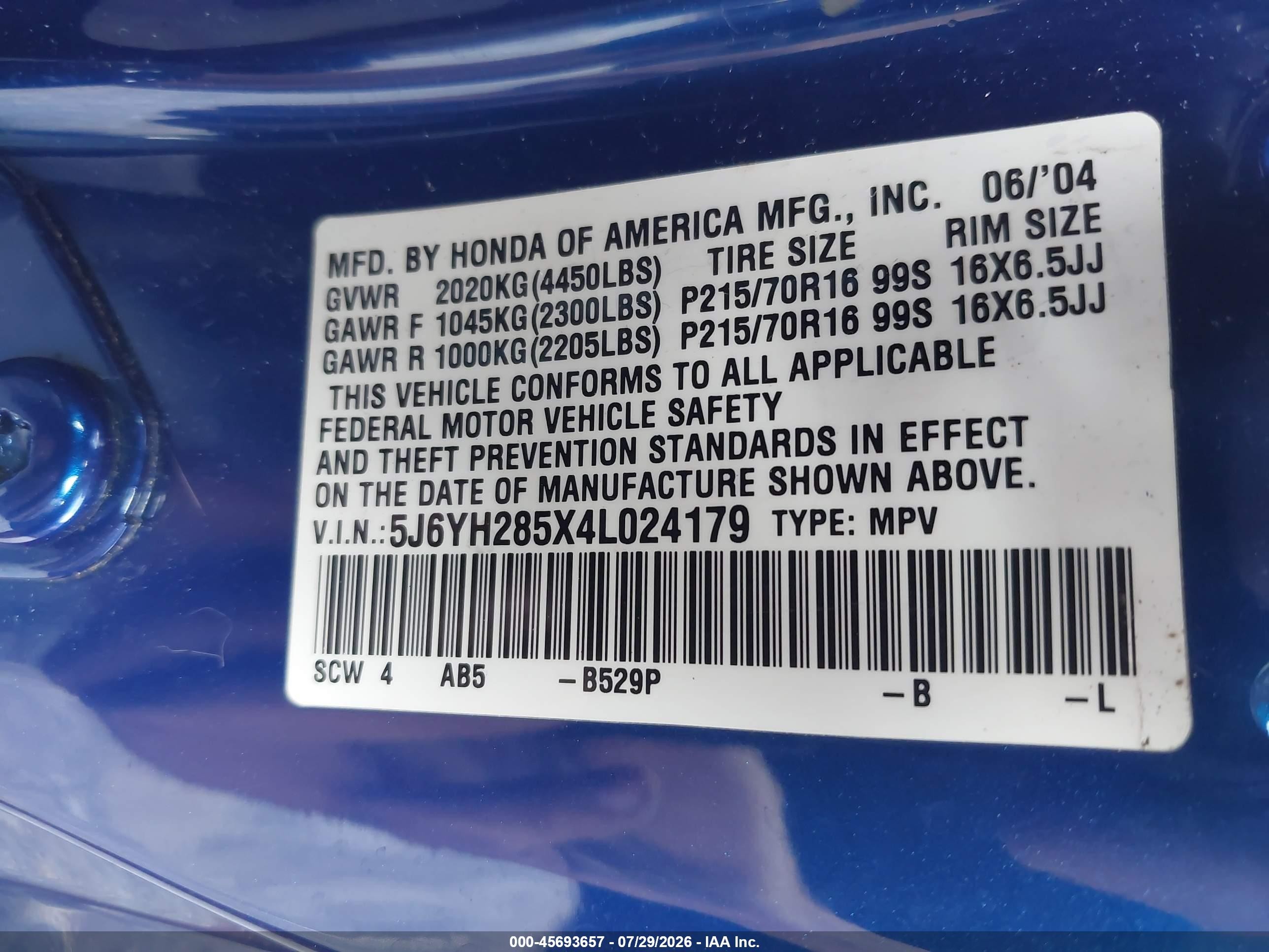 2004 Honda Element Ex Blue vin: 5J6YH285X4L024179