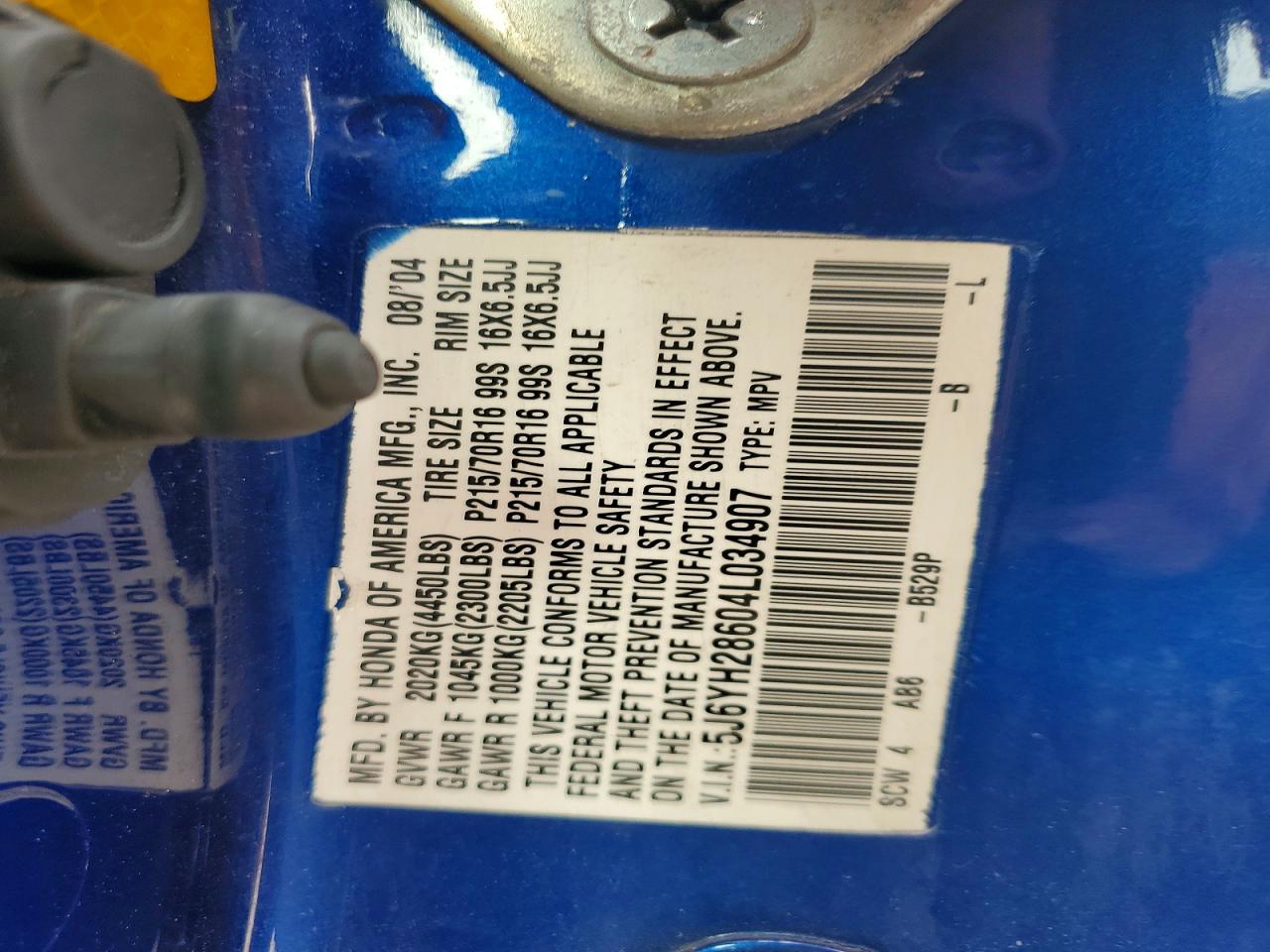 2004 Honda Element Ex Blue vin: 5J6YH28604L034907