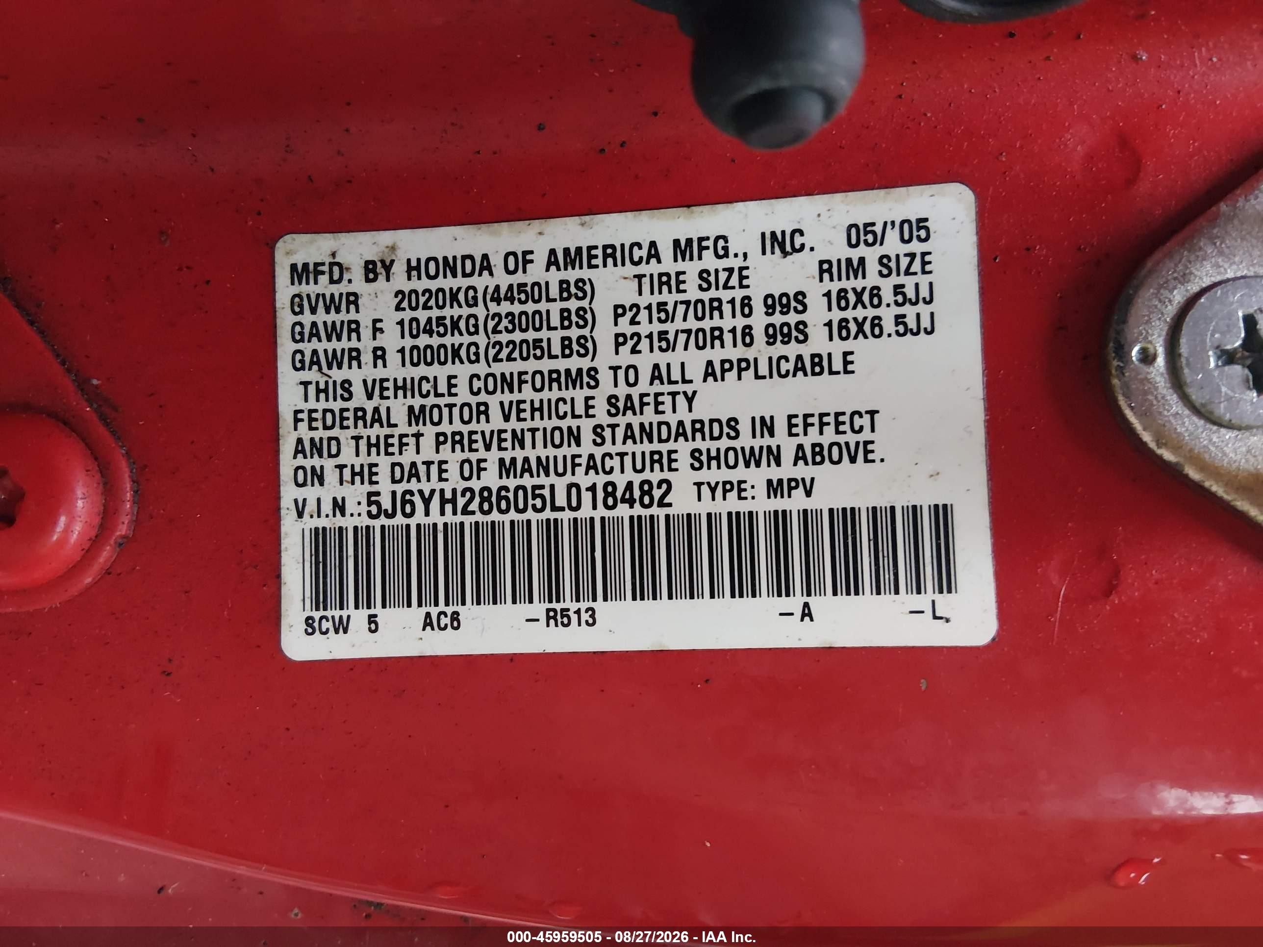 2005 Honda Element Ex Red vin: 5J6YH28605L018482