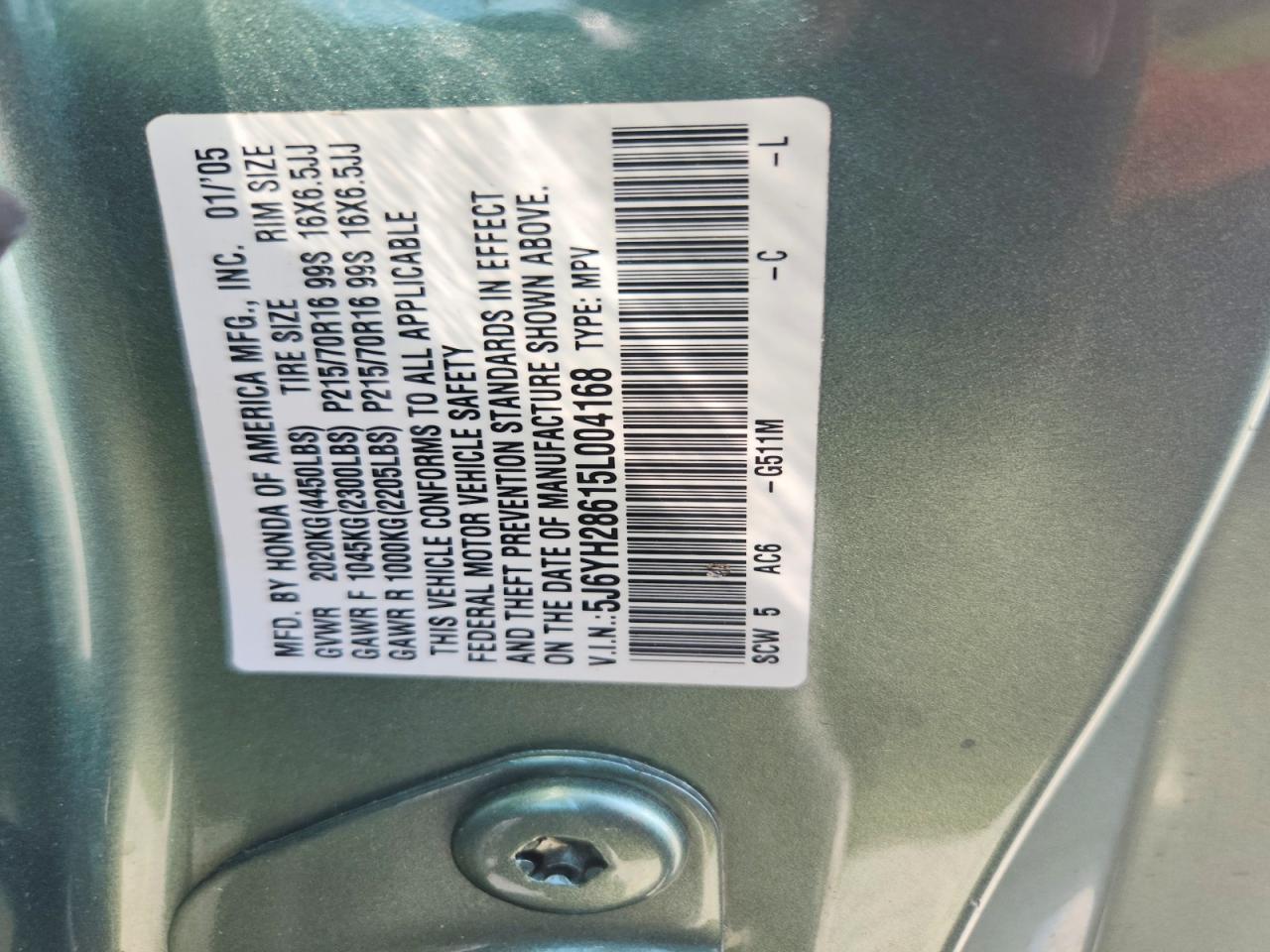 2005 Honda Element Ex Green vin: 5J6YH28615L004168