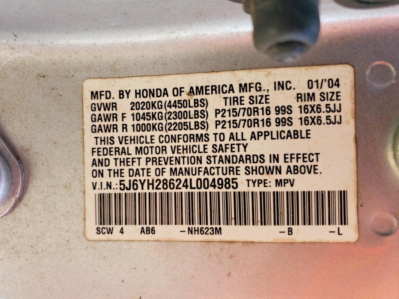2004 Honda Element Ex Silver vin: 5J6YH28624L004985