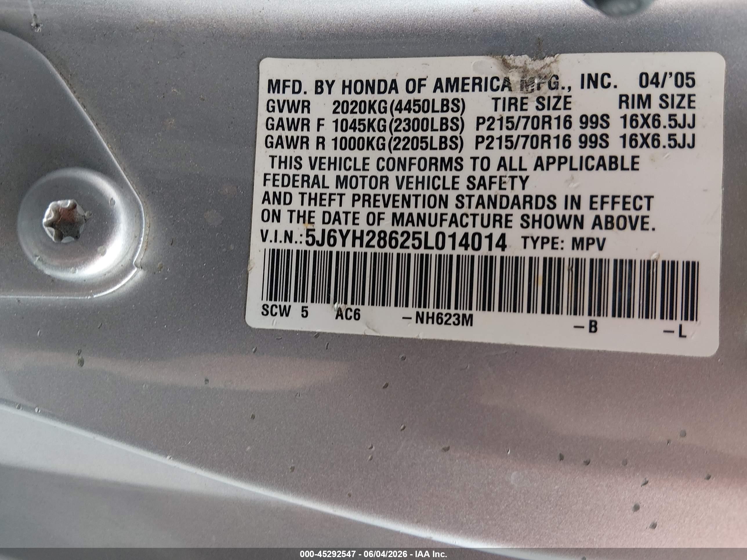 2005 Honda Element Ex Silver vin: 5J6YH28625L014014