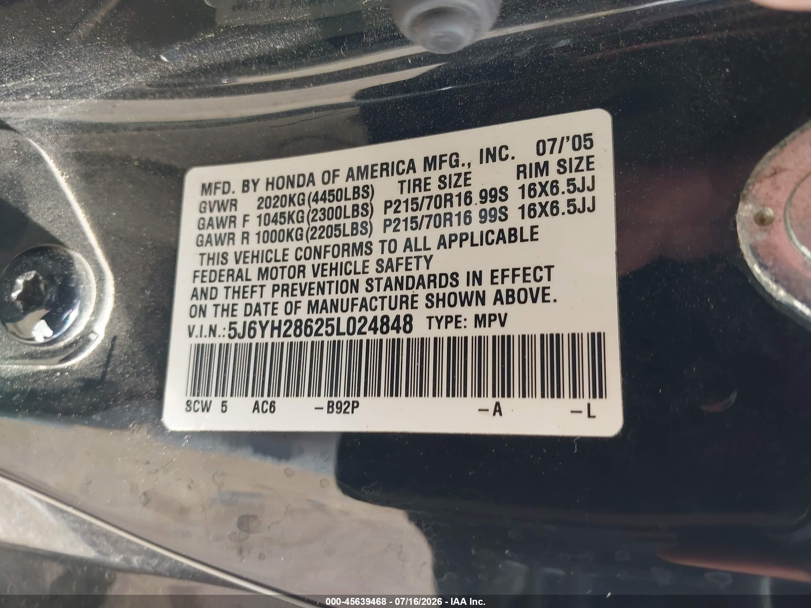 2005 Honda Element Ex Черный vin: 5J6YH28625L024848