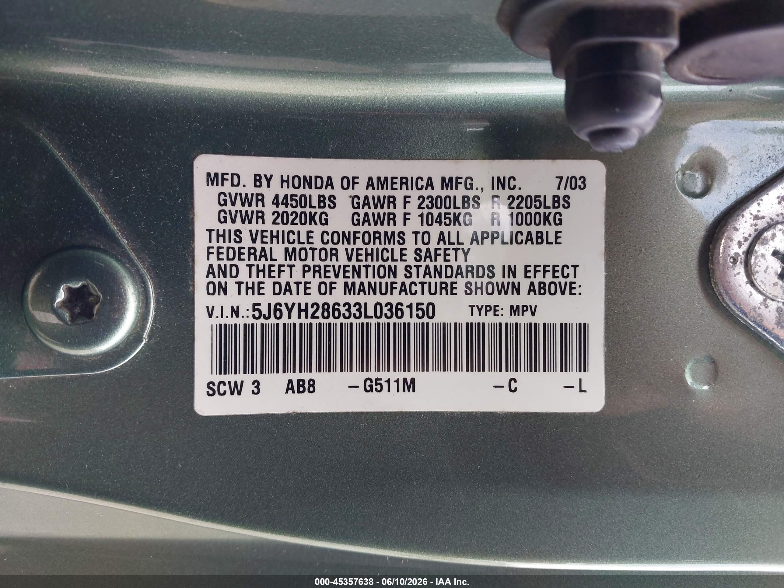2003 Honda Element Ex Green vin: 5J6YH28633L036150
