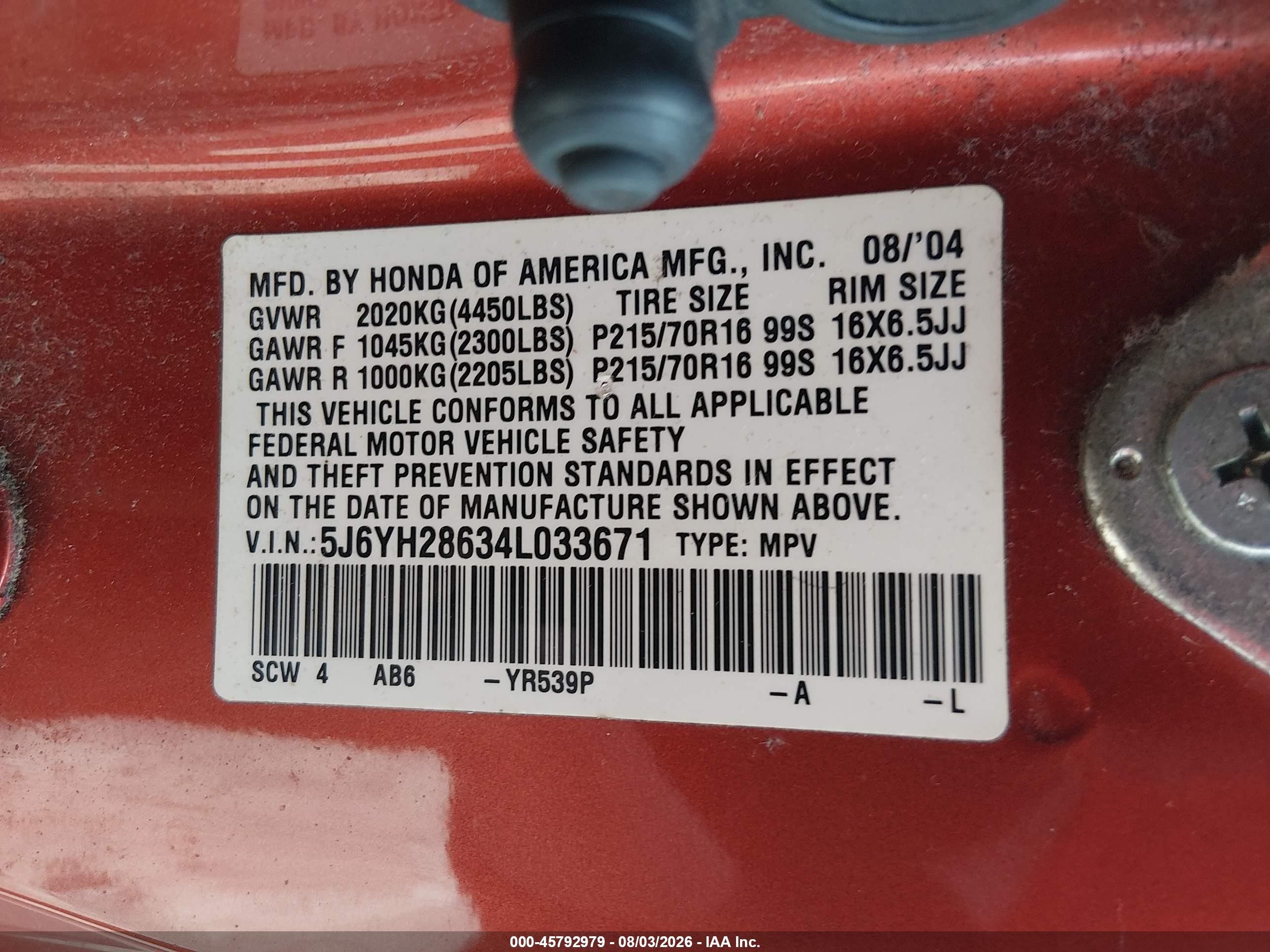 2004 Honda Element Ex Orange vin: 5J6YH28634L033671
