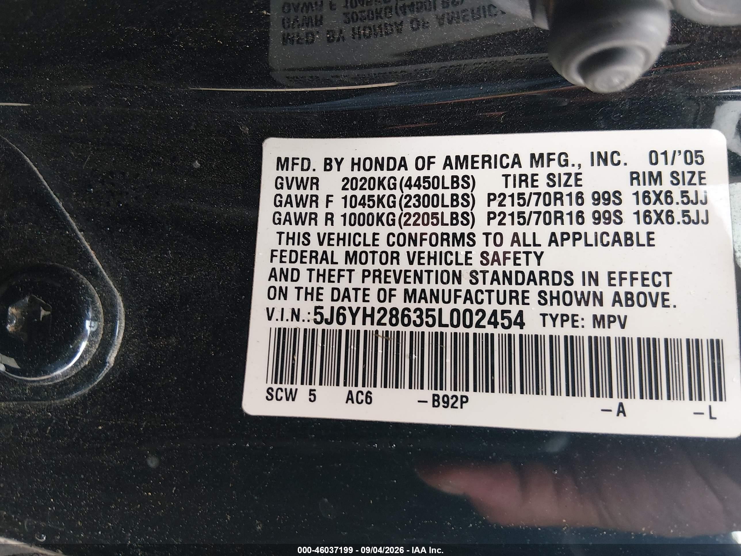2005 Honda Element Ex Black vin: 5J6YH28635L002454