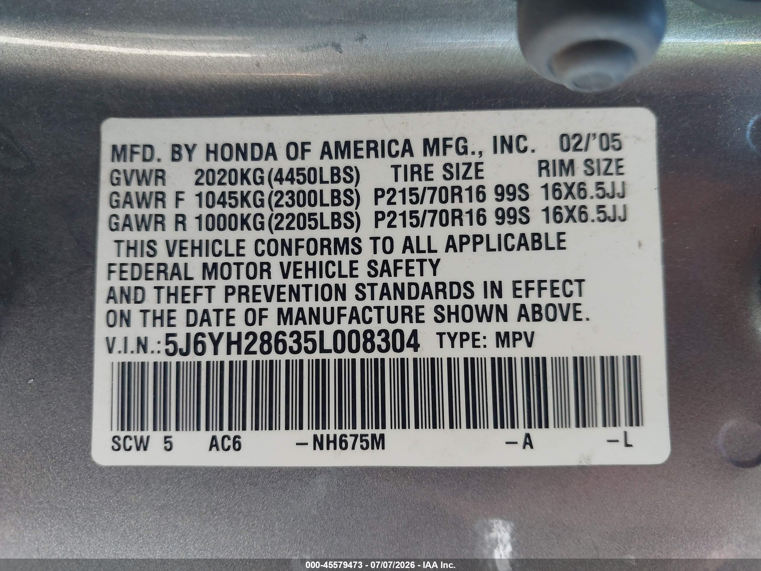 2005 Honda Element Ex Серый vin: 5J6YH28635L008304