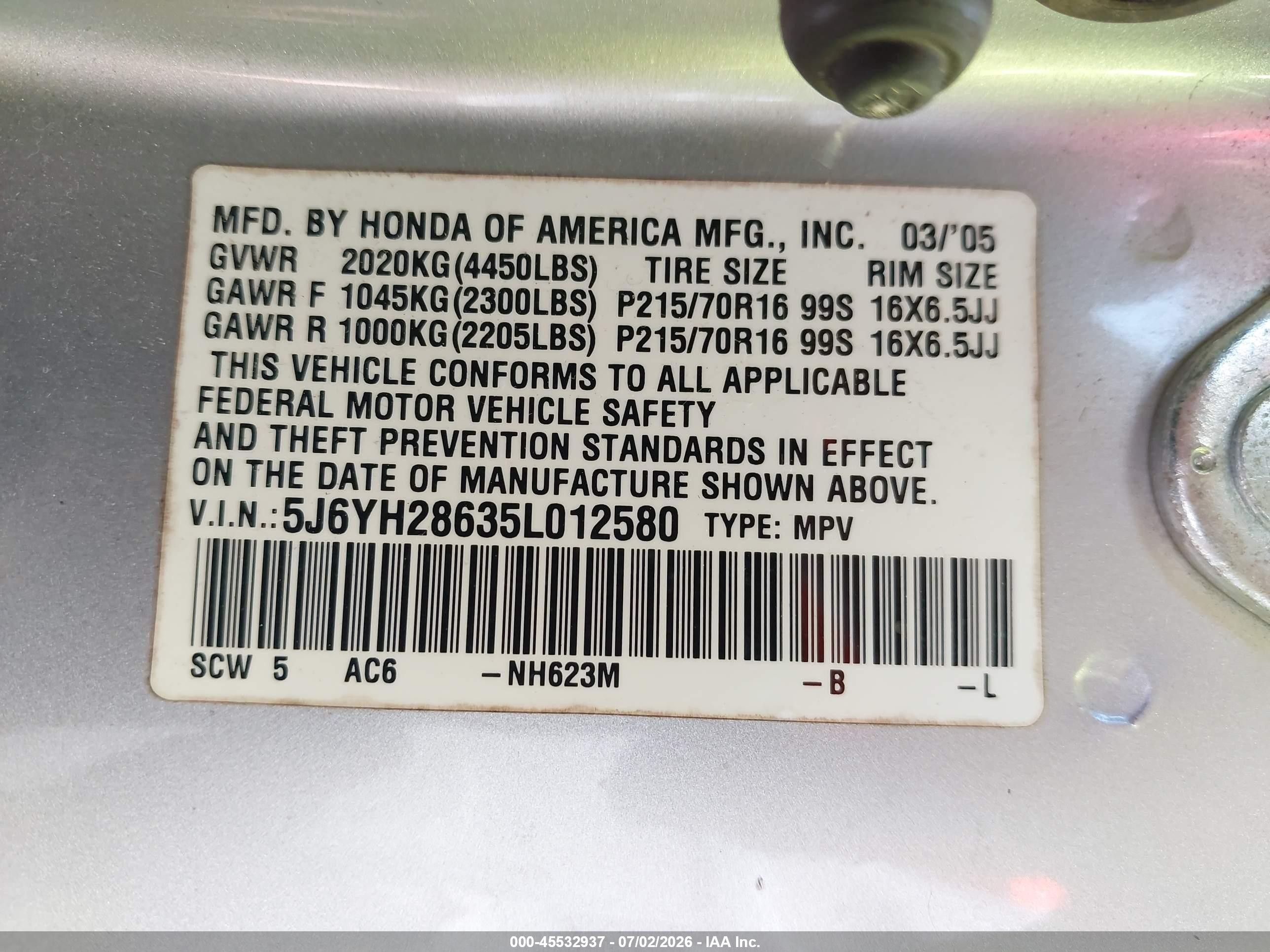 2005 Honda Element Ex Silver vin: 5J6YH28635L012580