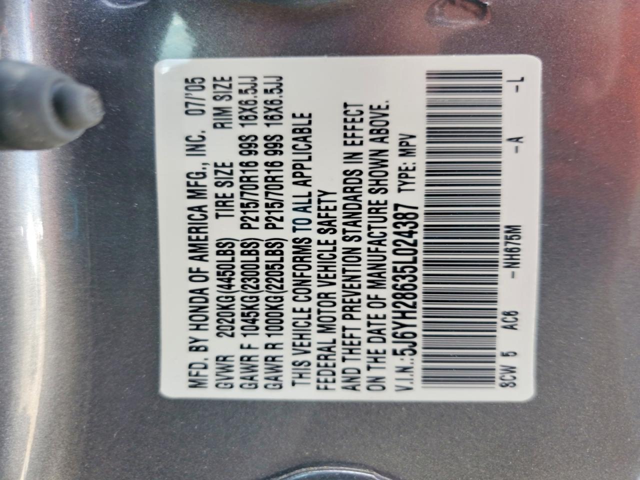 2005 Honda Element Ex Серый vin: 5J6YH28635L024387