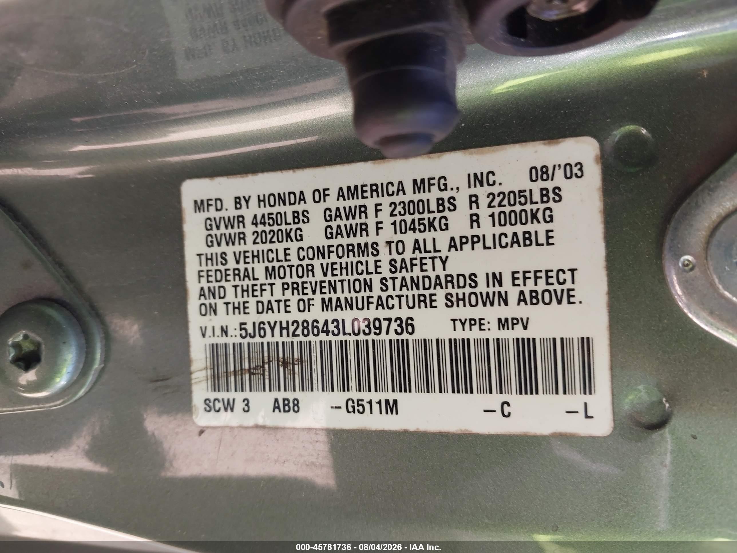 2003 Honda Element Ex Green vin: 5J6YH28643L039736