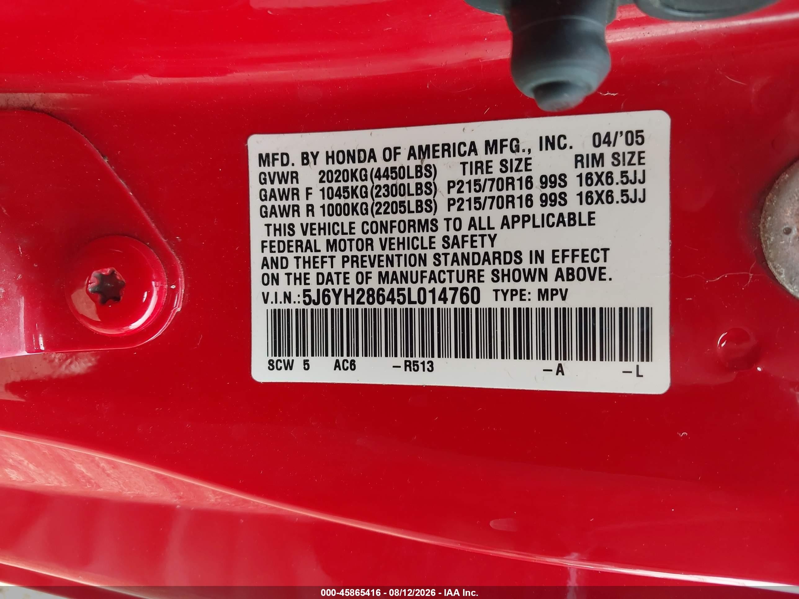 2005 Honda Element Ex Red vin: 5J6YH28645L014760