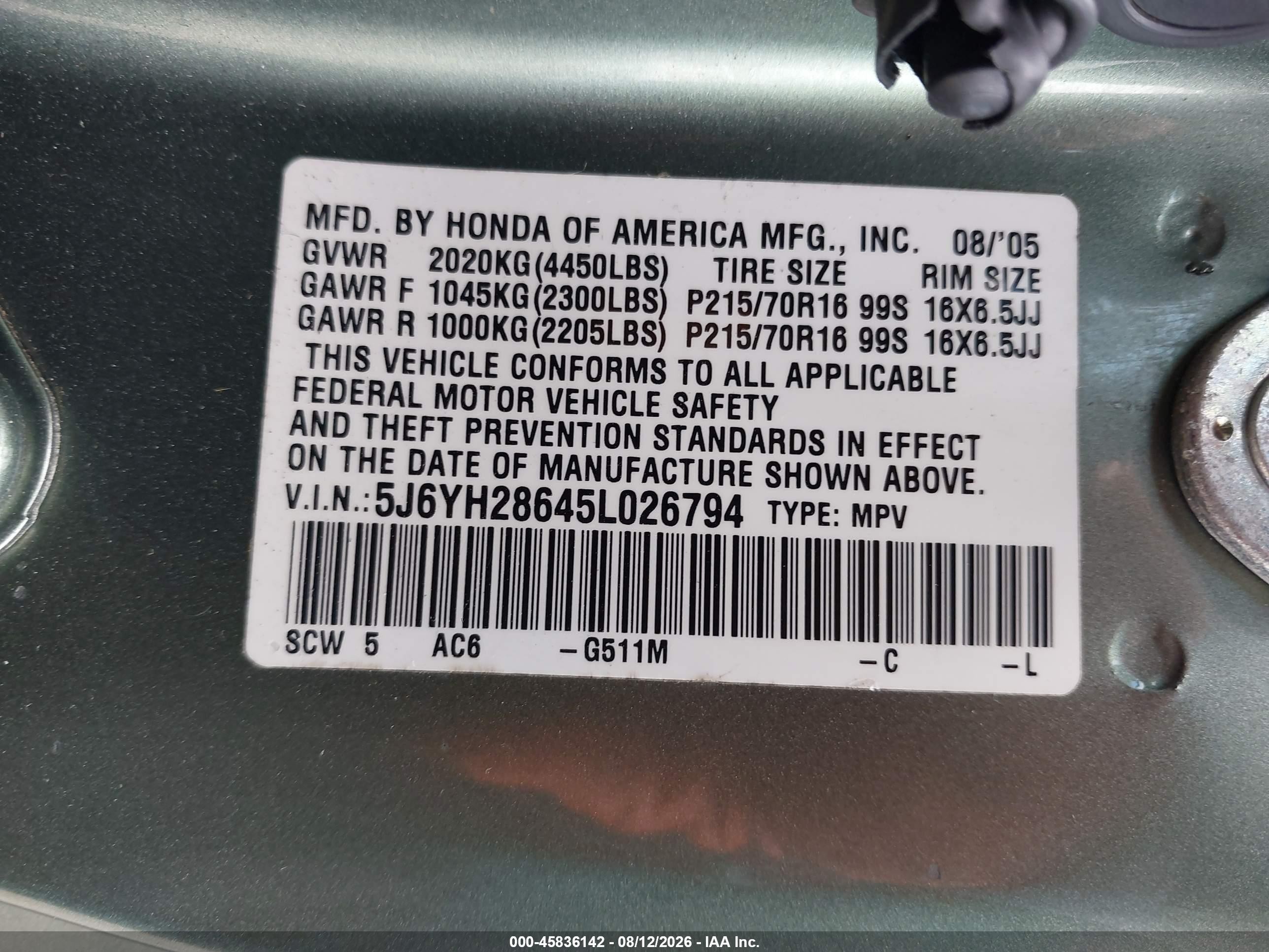 2005 Honda Element Ex Зеленый vin: 5J6YH28645L026794