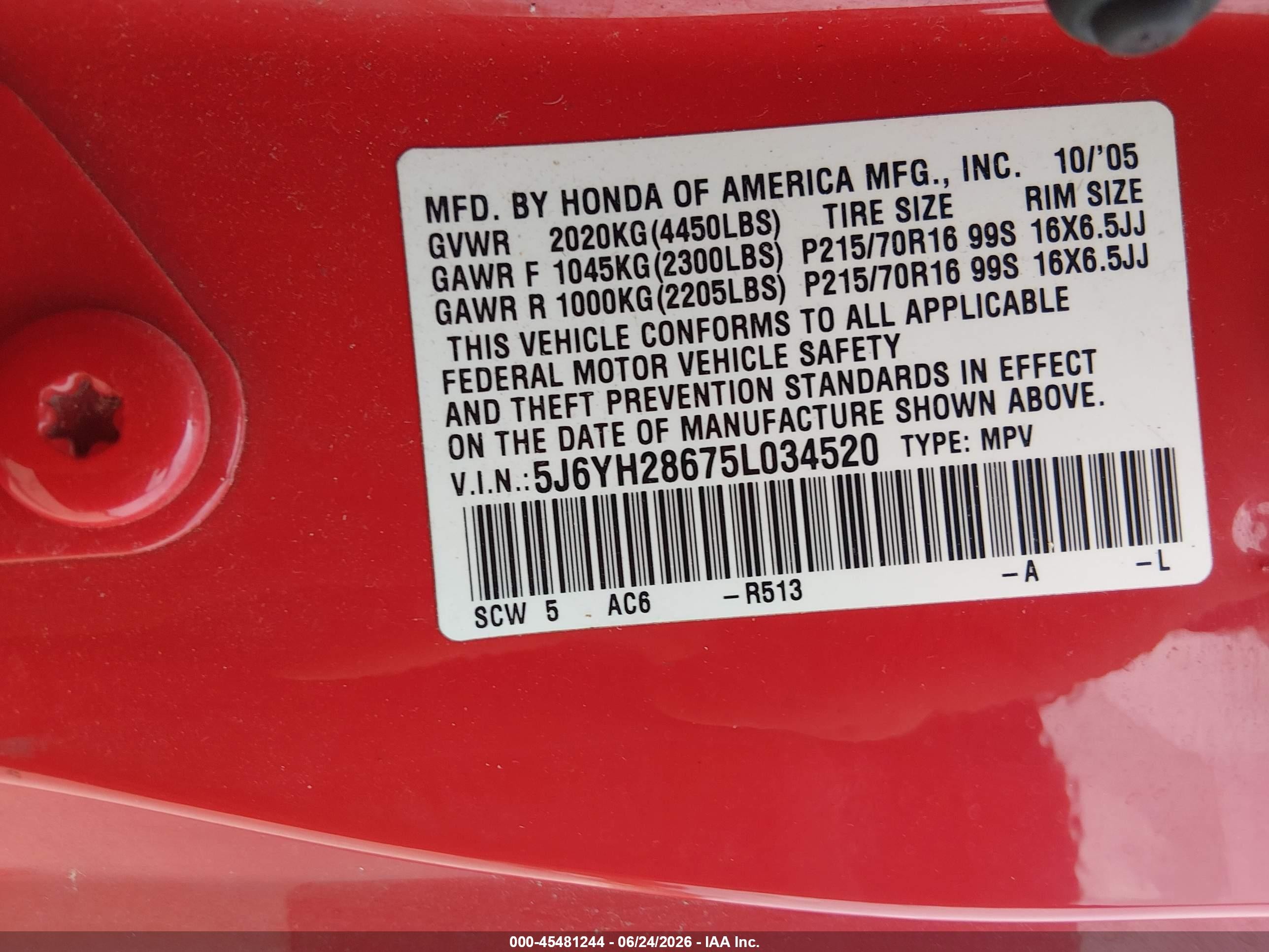 2005 Honda Element Ex Red vin: 5J6YH28675L034520