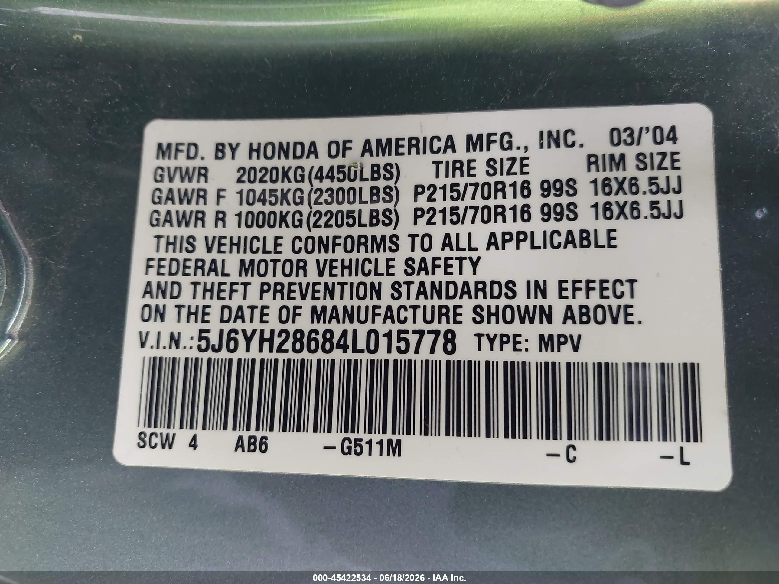 2004 Honda Element Ex Green vin: 5J6YH28684L015778