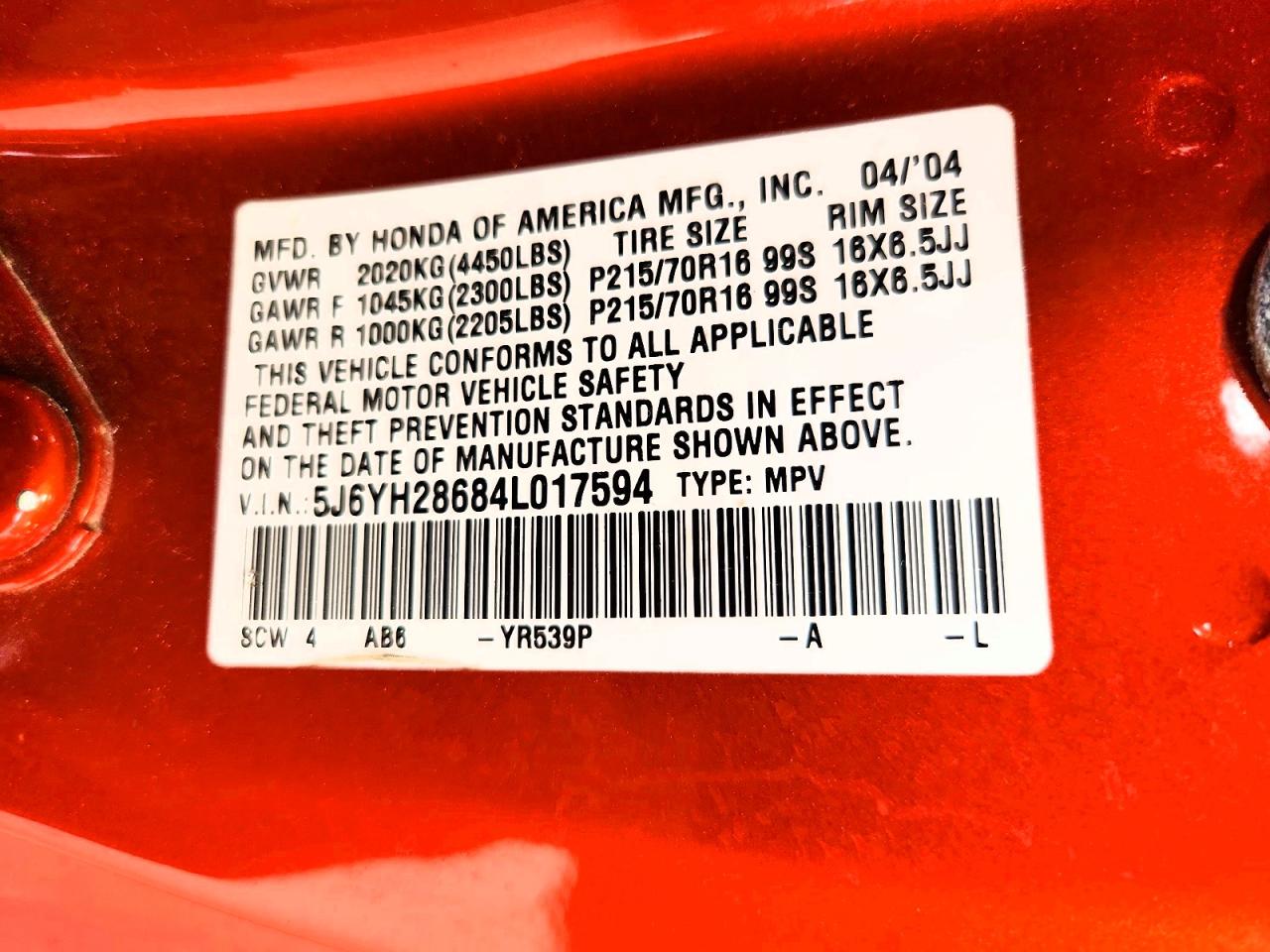 2004 Honda Element Ex Orange vin: 5J6YH28684L017594