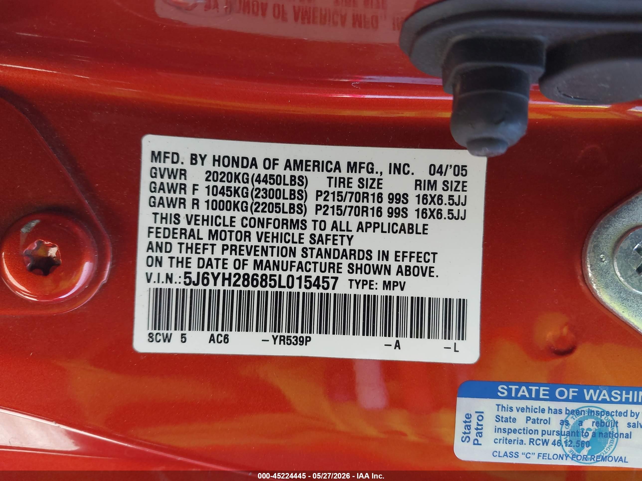 2005 Honda Element Ex Оранжевый vin: 5J6YH28685L015457