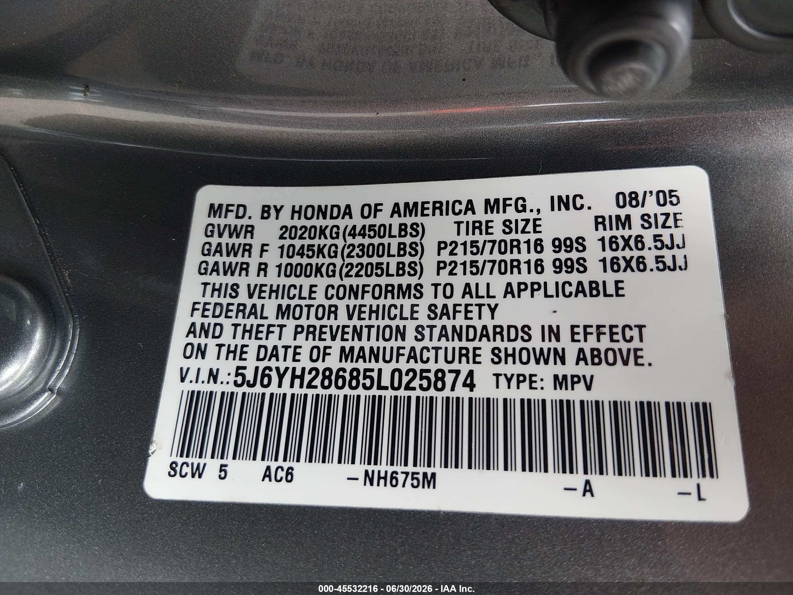 2005 Honda Element Ex Серый vin: 5J6YH28685L025874