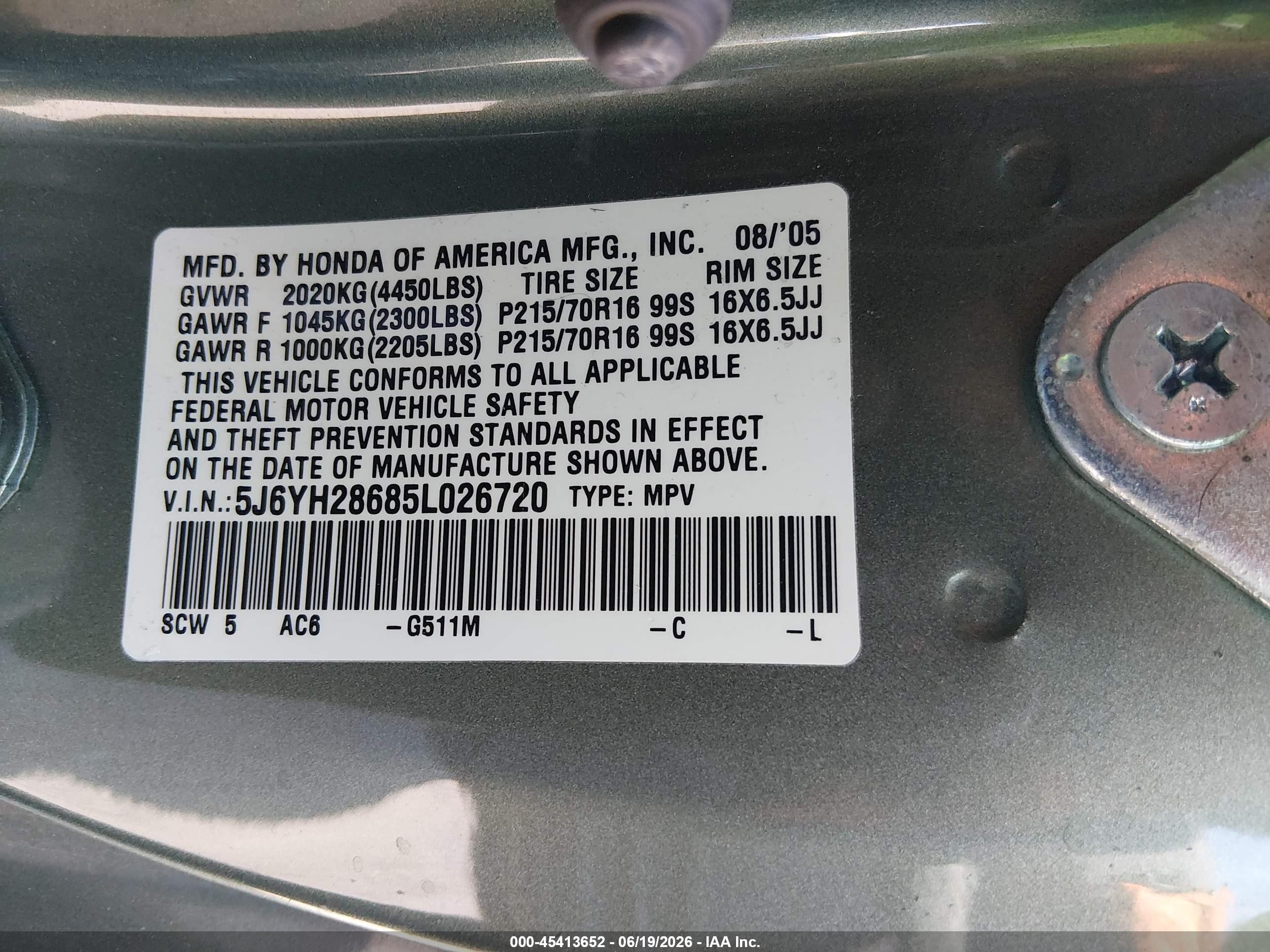 2005 Honda Element Ex Green vin: 5J6YH28685L026720
