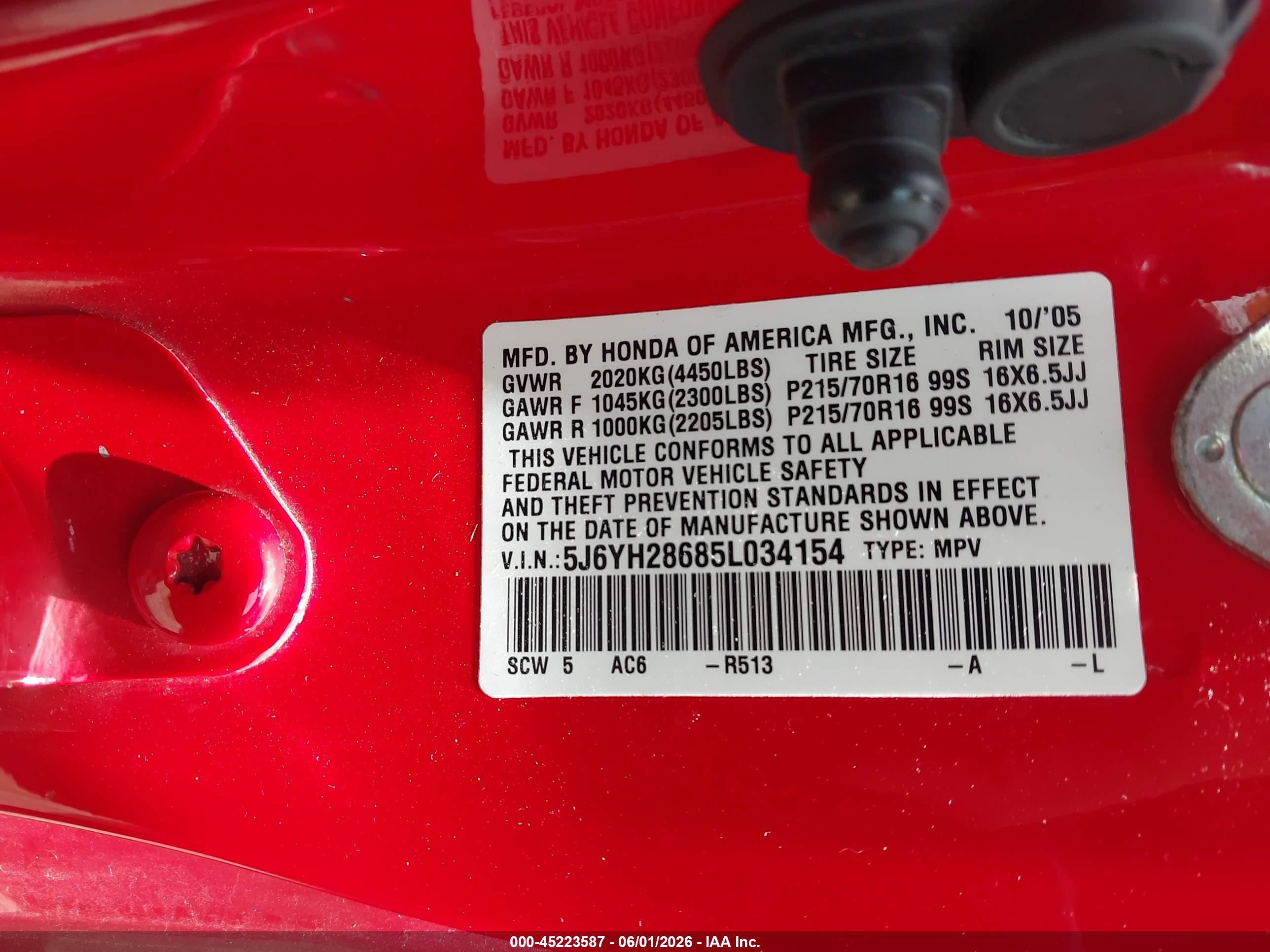 2005 Honda Element Ex Red vin: 5J6YH28685L034154