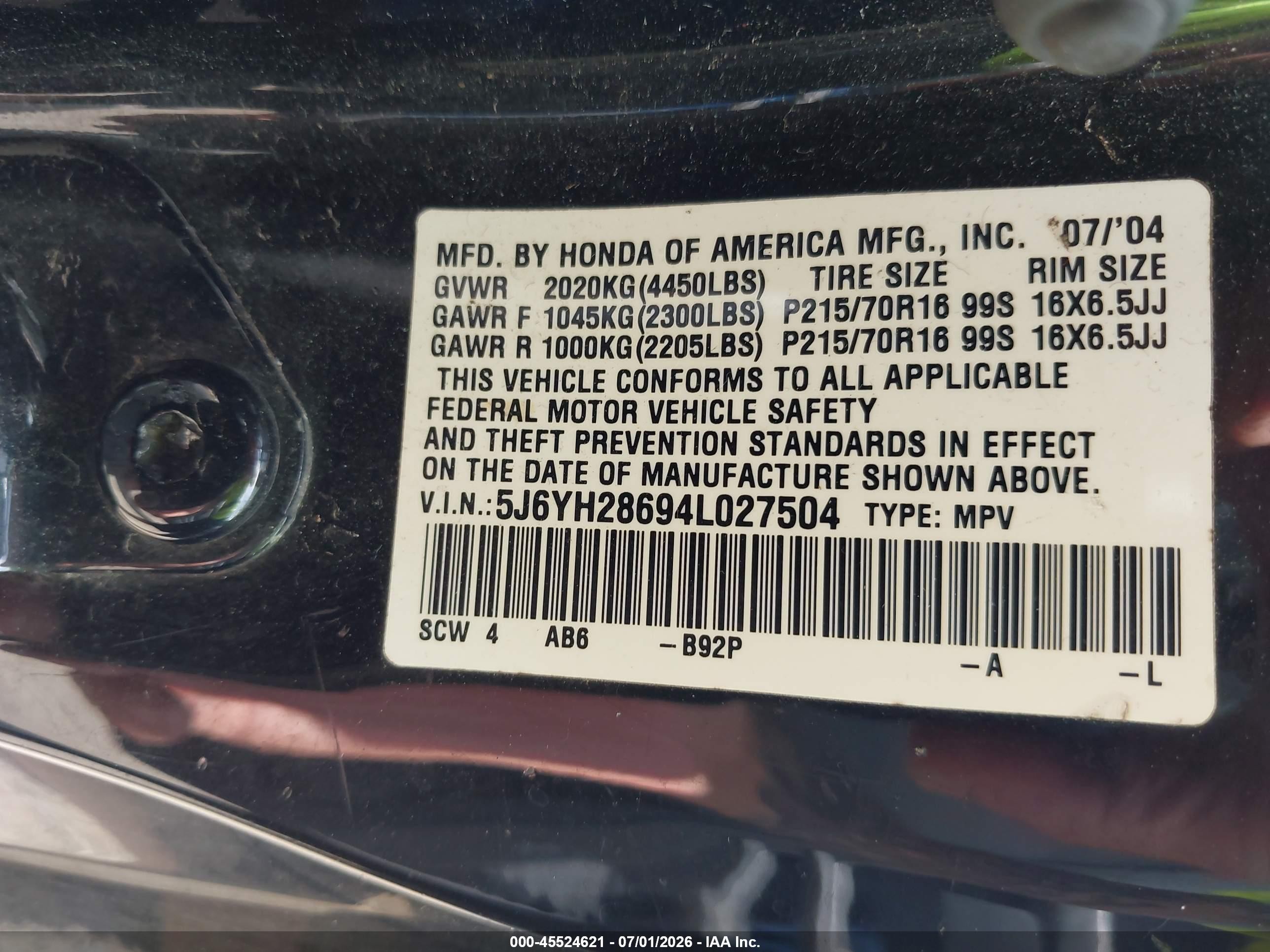 2004 Honda Element Ex Black vin: 5J6YH28694L027504