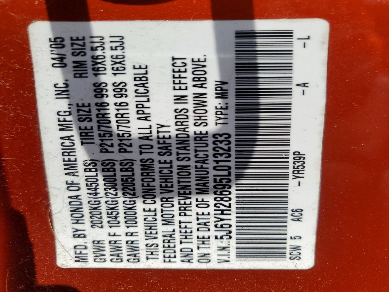 2005 Honda Element Ex Orange vin: 5J6YH28695L013233