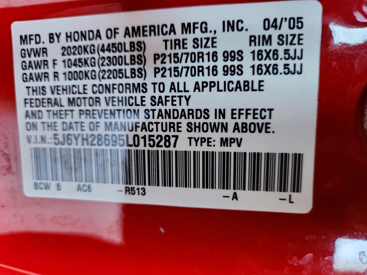 2005 Hond Element Red vin: 5J6YH28695L015287