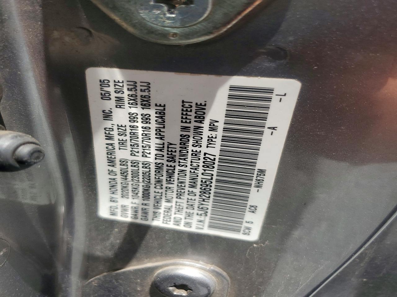 2005 Honda Element Ex Gray vin: 5J6YH28695L018027