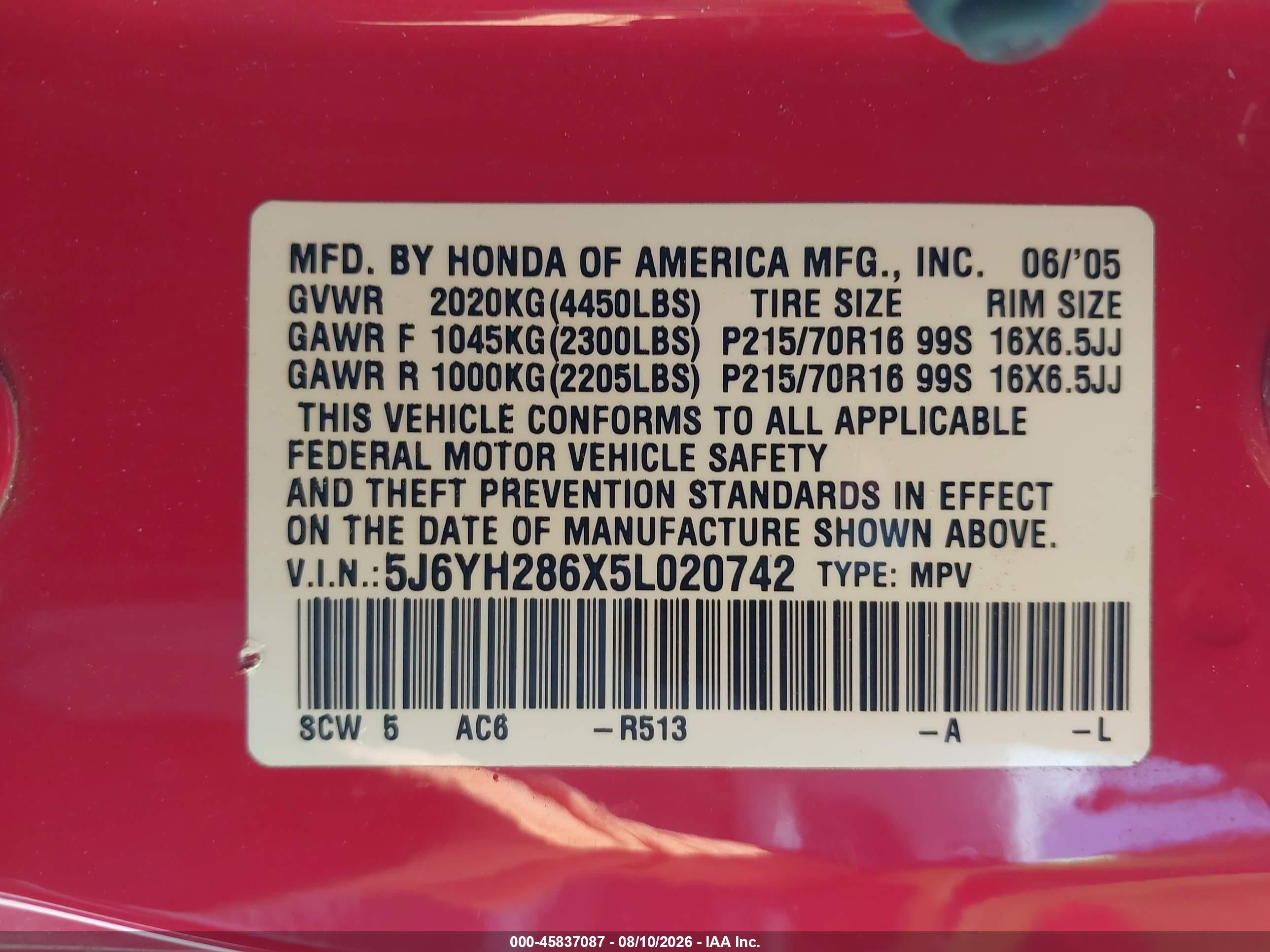 2005 Honda Element Ex Red vin: 5J6YH286X5L020742
