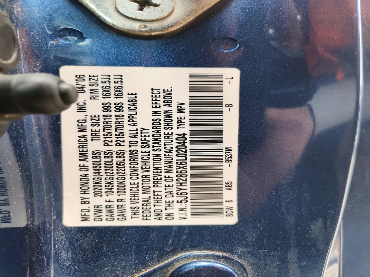 2006 Honda Element Ex Blue vin: 5J6YH286X6L020404