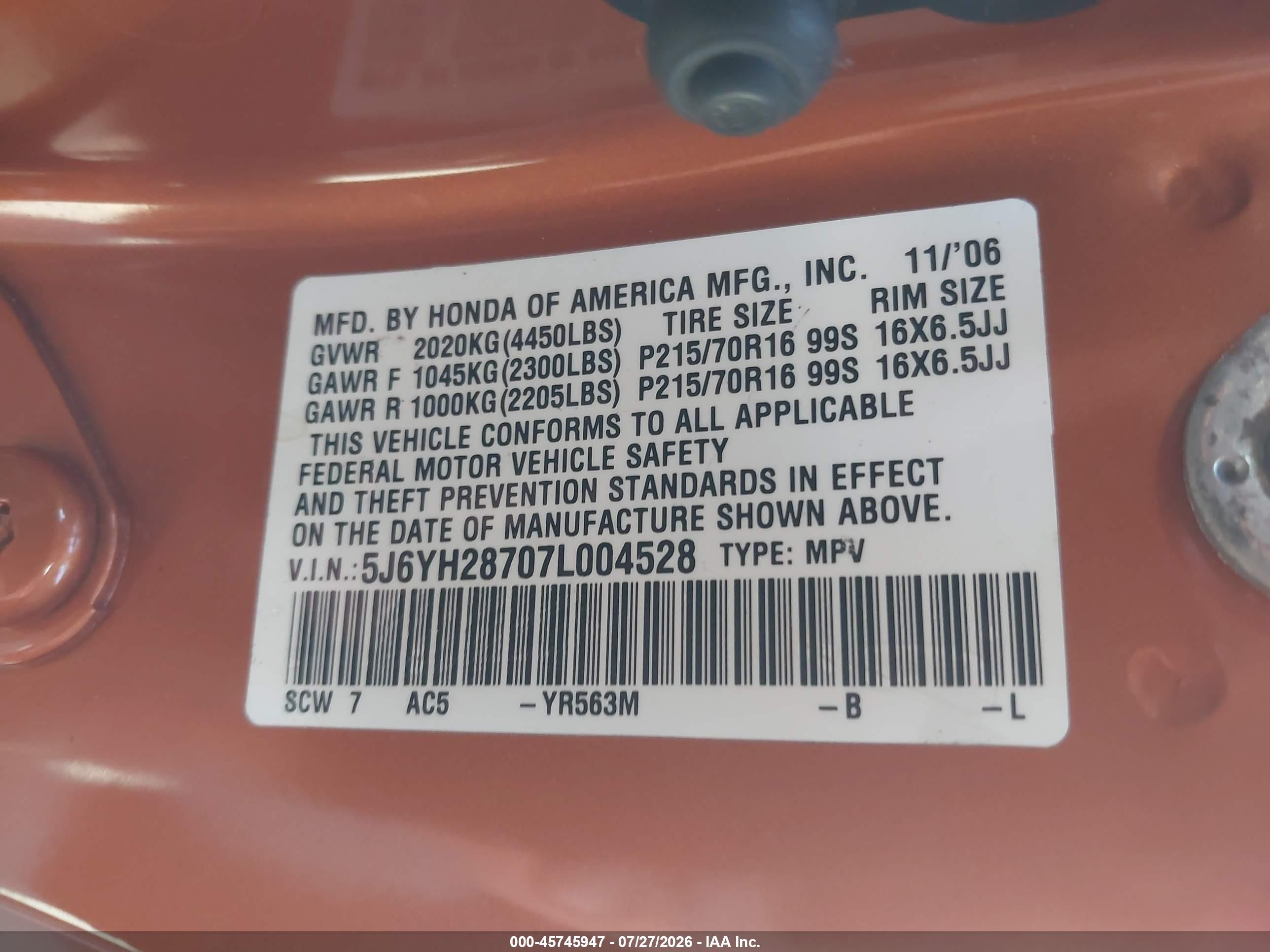 2007 Honda Element Ex Orange vin: 5J6YH28707L004528