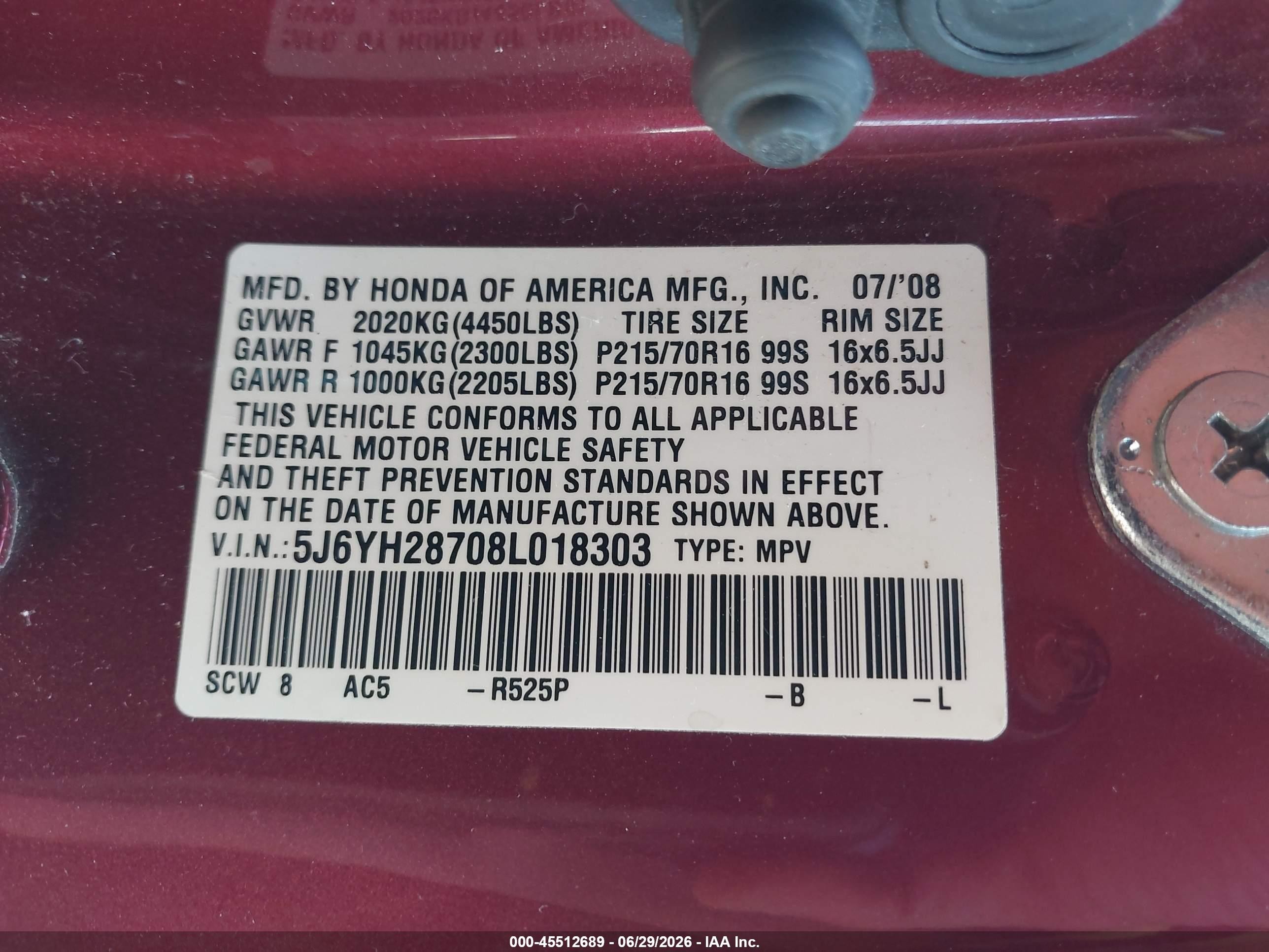 2008 Honda Element Ex Red vin: 5J6YH28708L018303