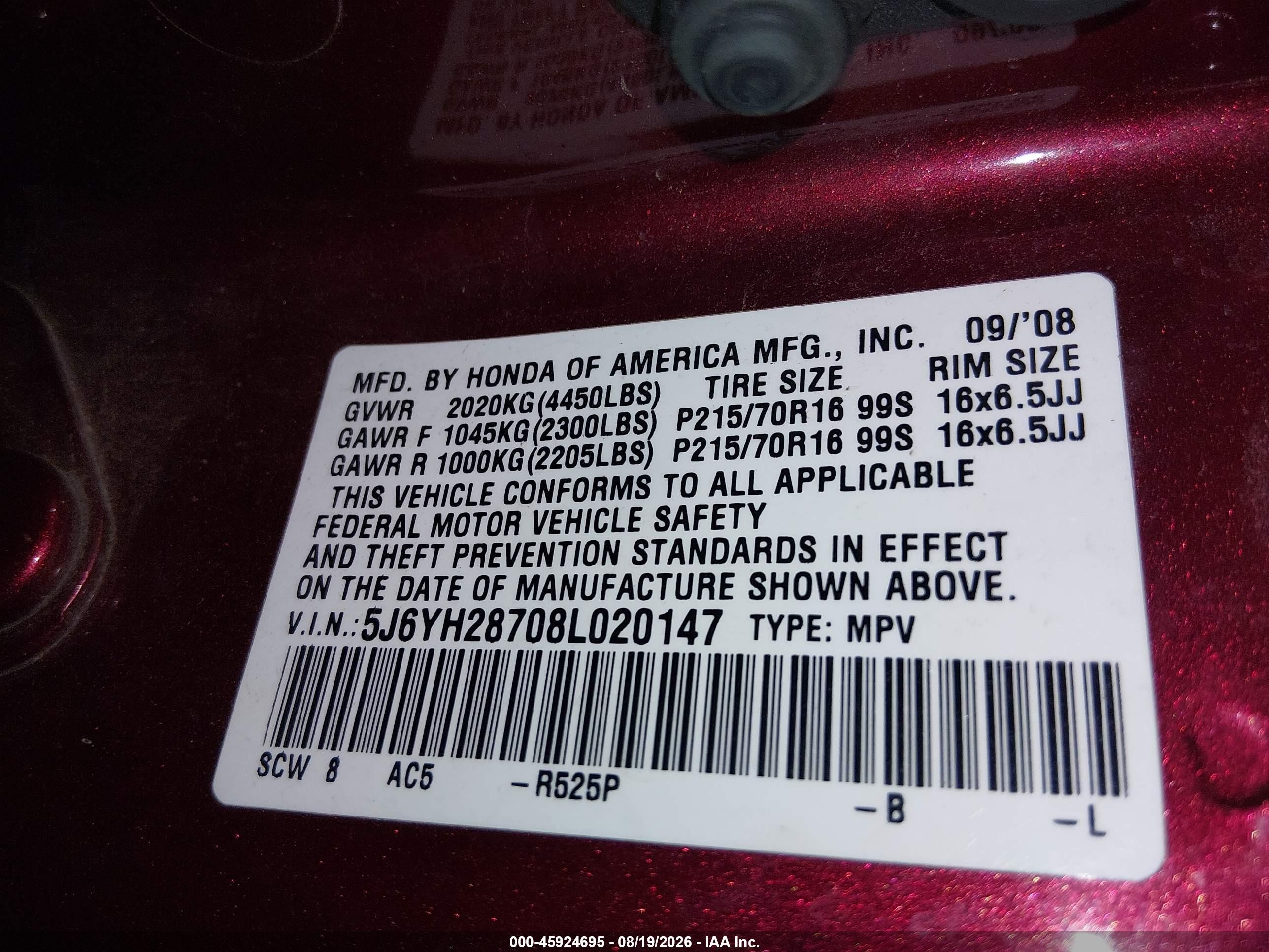 2008 Honda Element Ex Red vin: 5J6YH28708L020147
