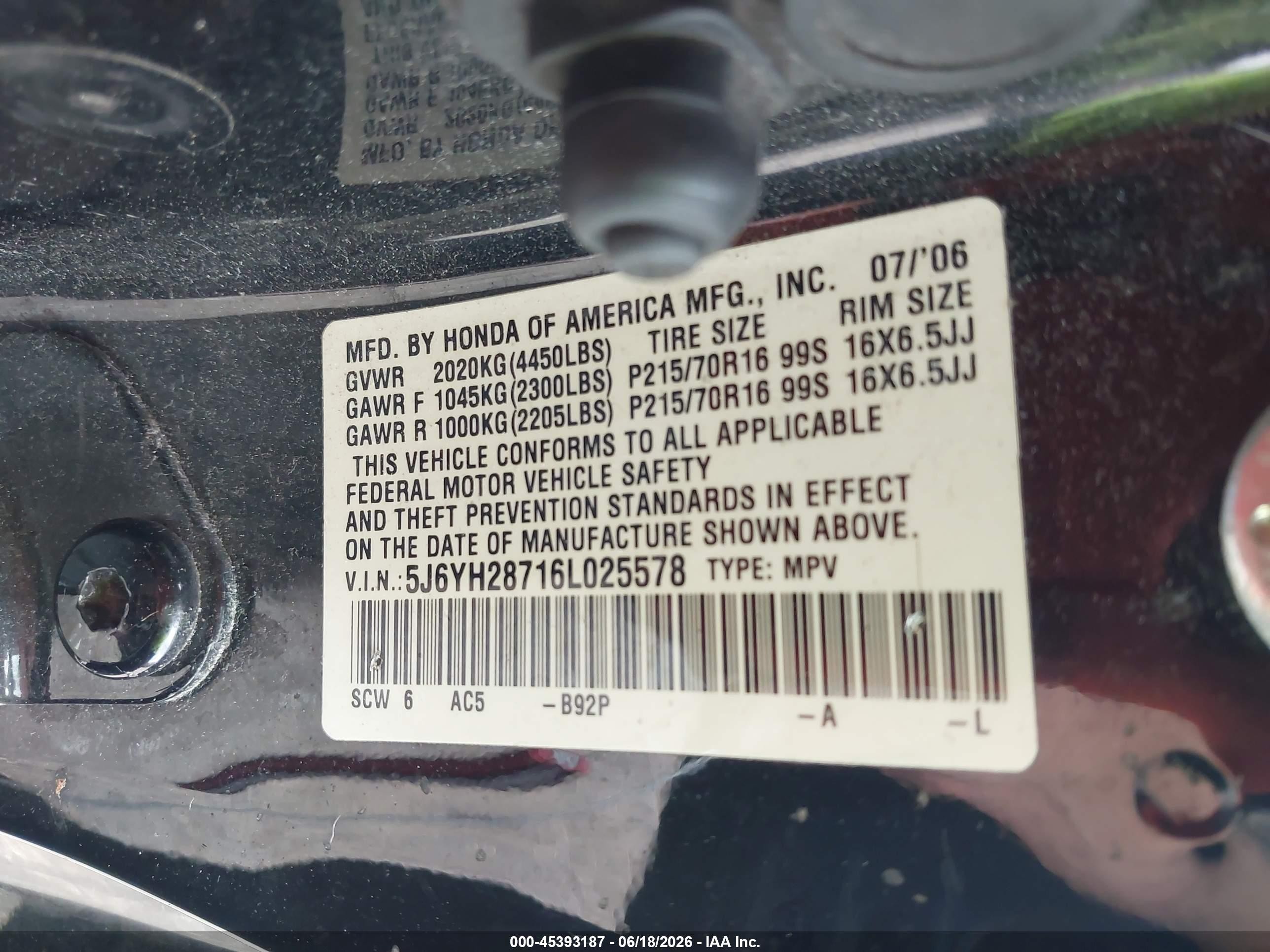 2006 Honda Element Ex-p Black vin: 5J6YH28716L025578
